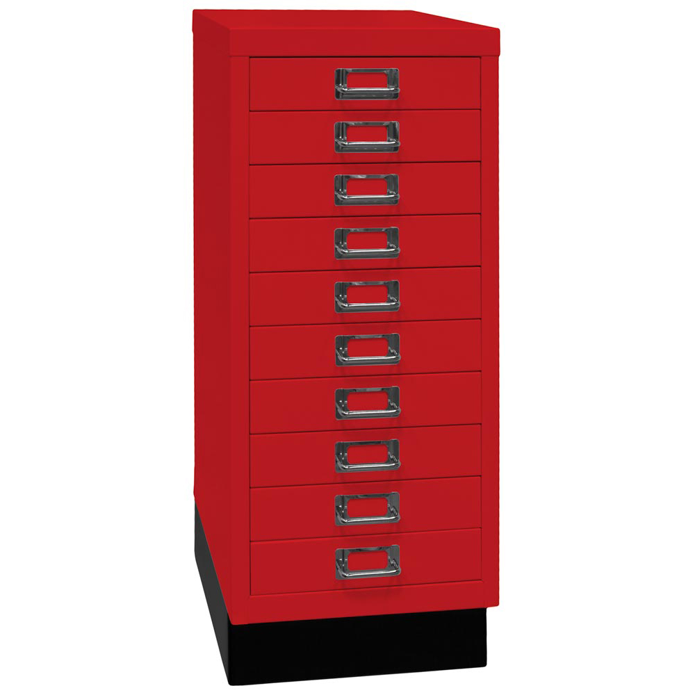 Schubladenschrank aus Stahl, BxTxH 279x380x670 mm, 10 Schubladen 51 mm, DIN A4, Sockel 80 mm hoch, kardinalrot