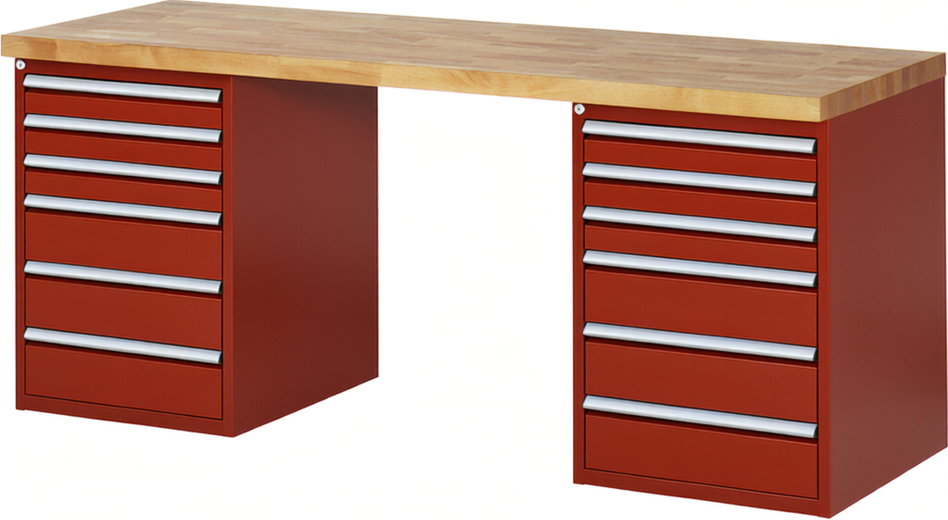 Werkbank Modell 7515 rot, BxTxH 2000x700x890 mm,  Buche-Massiv Arbeitsplatte 40 mm,  12 Schubladen mit  Auszug 90 %