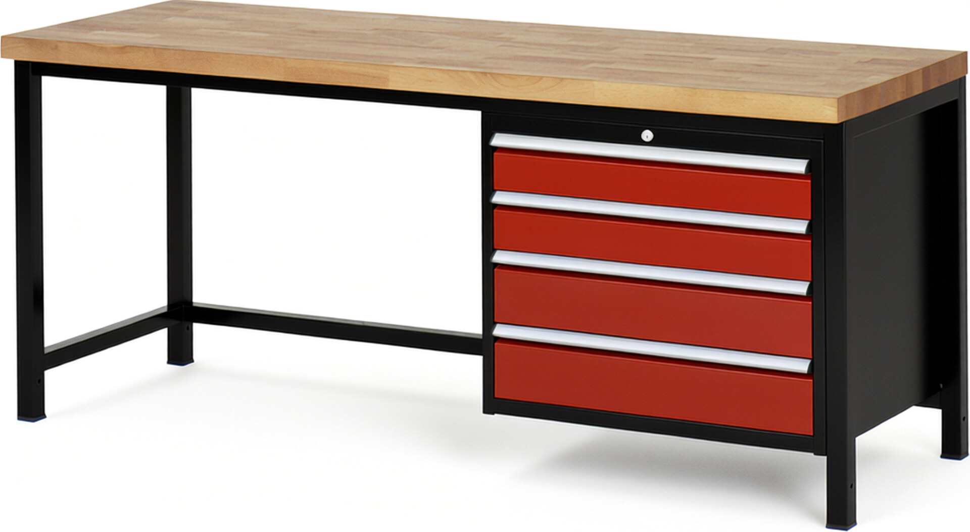 RAU Werkbank schwarz - rot - Breite 200 cm - Tiefe 70 cm - Höhe 104 cm - Buche-Massiv Arbeitsplatte 40 mm