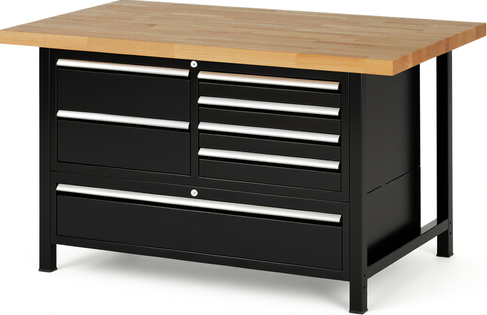 Werkbank Modell 8931 schwarz, BxTxH 1500x900x840 mm,  Buche-Massiv Arbeitsplatte 40 mm,  7 Schubladen mit  Auszug 90 %