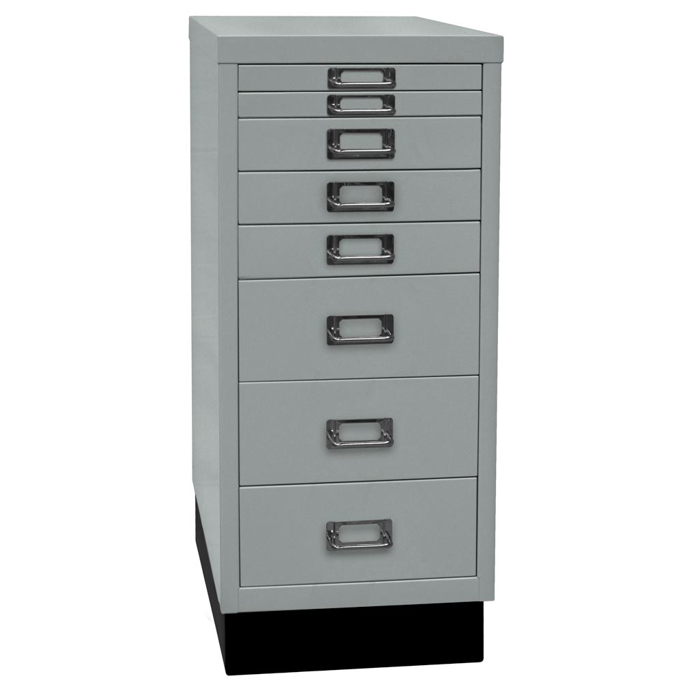 Schubladenschrank aus Stahl, BxTxH 279x380x670 mm, 8 Schubladen 2x25, 3x51, 3x102 mm, DIN A4, Sockel 80 mm hoch, silber