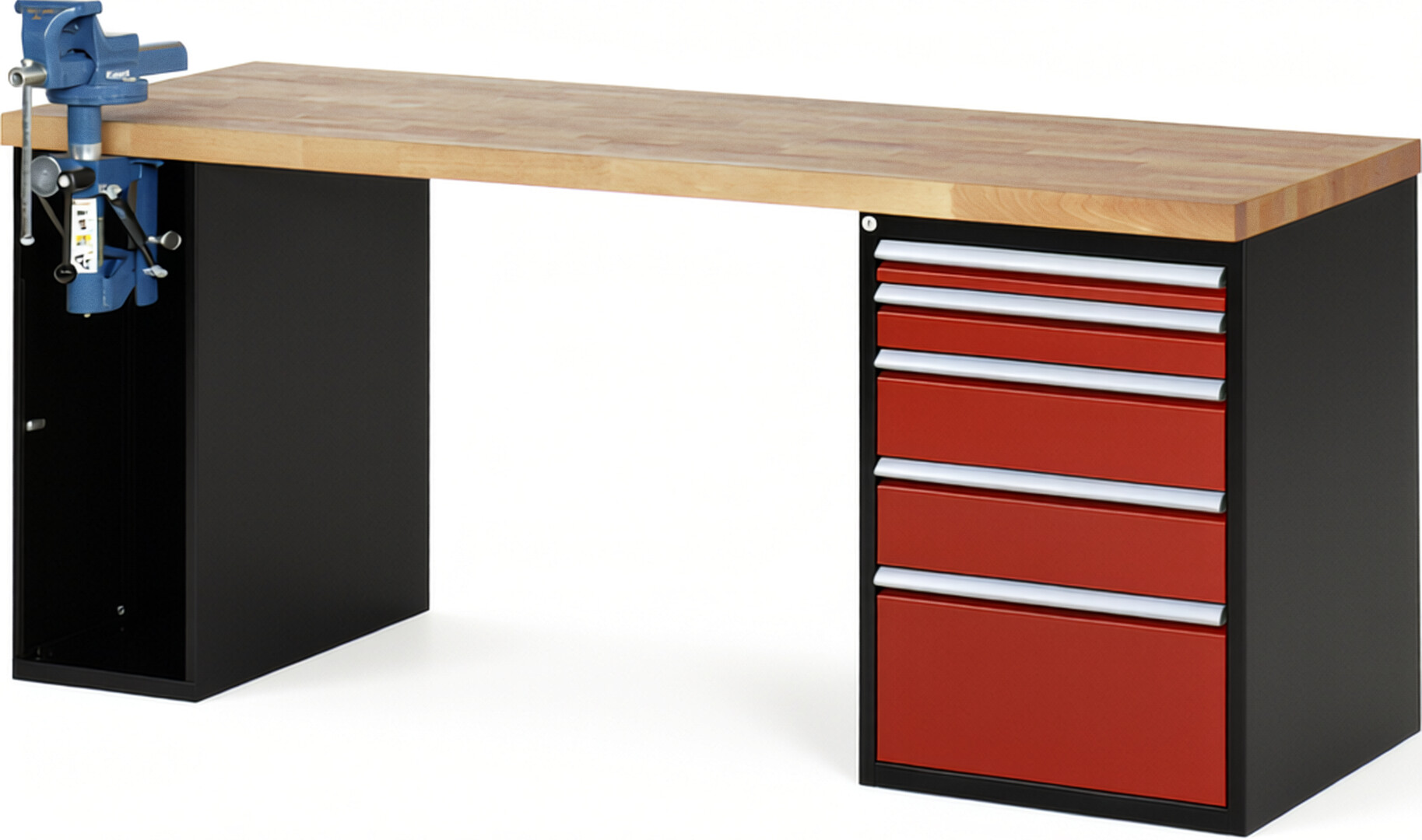 RAU Werkbank schwarz - rot - Breite 200 cm - Tiefe 70 cm - Höhe 89 cm - Buche-Massiv Arbeitsplatte 40 mm