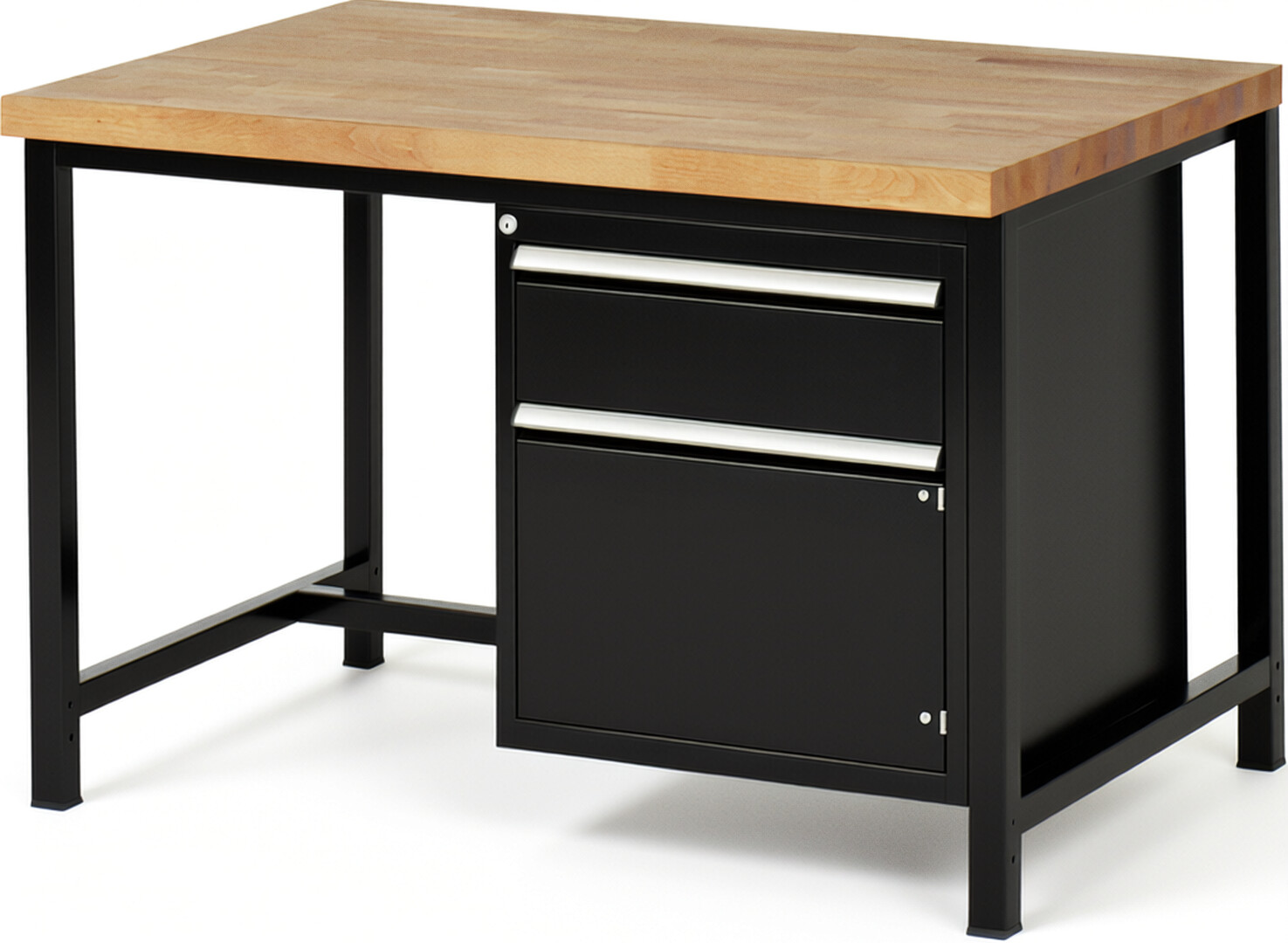 Werkbank Modell 8152 schwarz, BxTxH 1250x900x840-1040 mm,  Buche-Massiv Arbeitsplatte 40 mm,  1 Schublade mit  Vollauszug 100 % und  SoftClosing