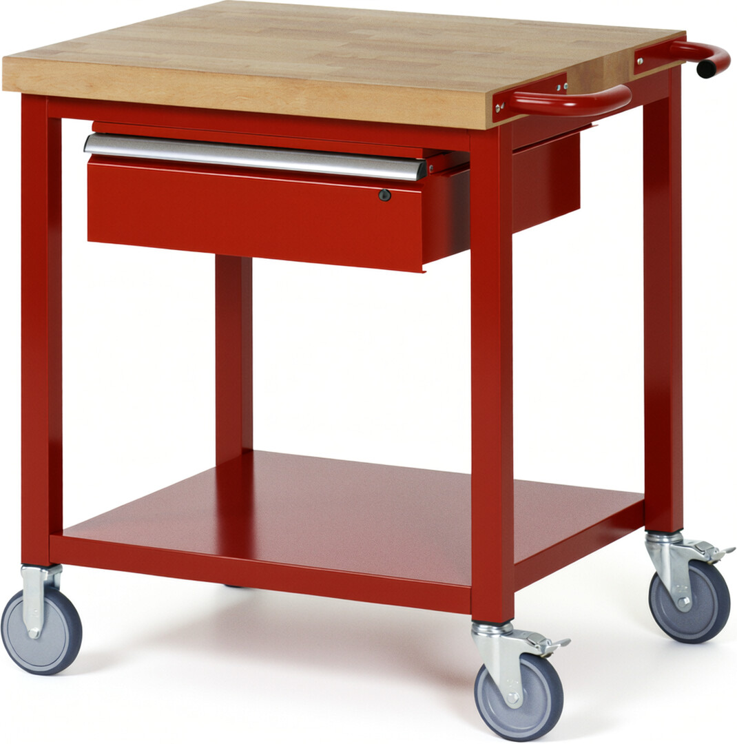 Fahrbare Werkbank Modell 8001 rot, BxTxH 750x700x880-1080 mm,  Buche-Massiv Arbeitsplatte 40 mm,  1 Schublade mit  Auszug 90 %