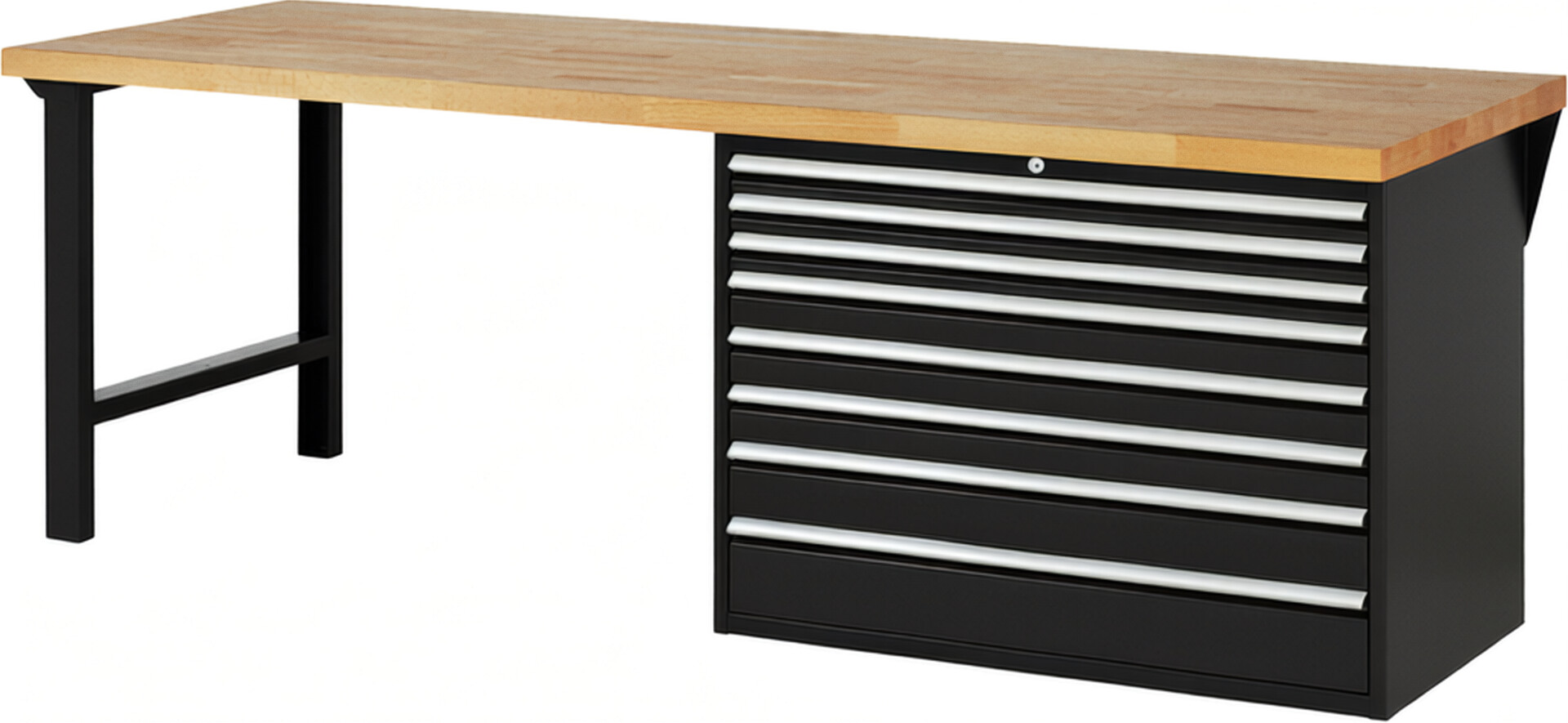 Werkbank Modell 7719 schwarz, BxTxH 2500x900x890 mm,  Buche-Massiv Arbeitsplatte 40 mm,  8 Schubladen mit  Vollauszug 100 % und  SoftClosing