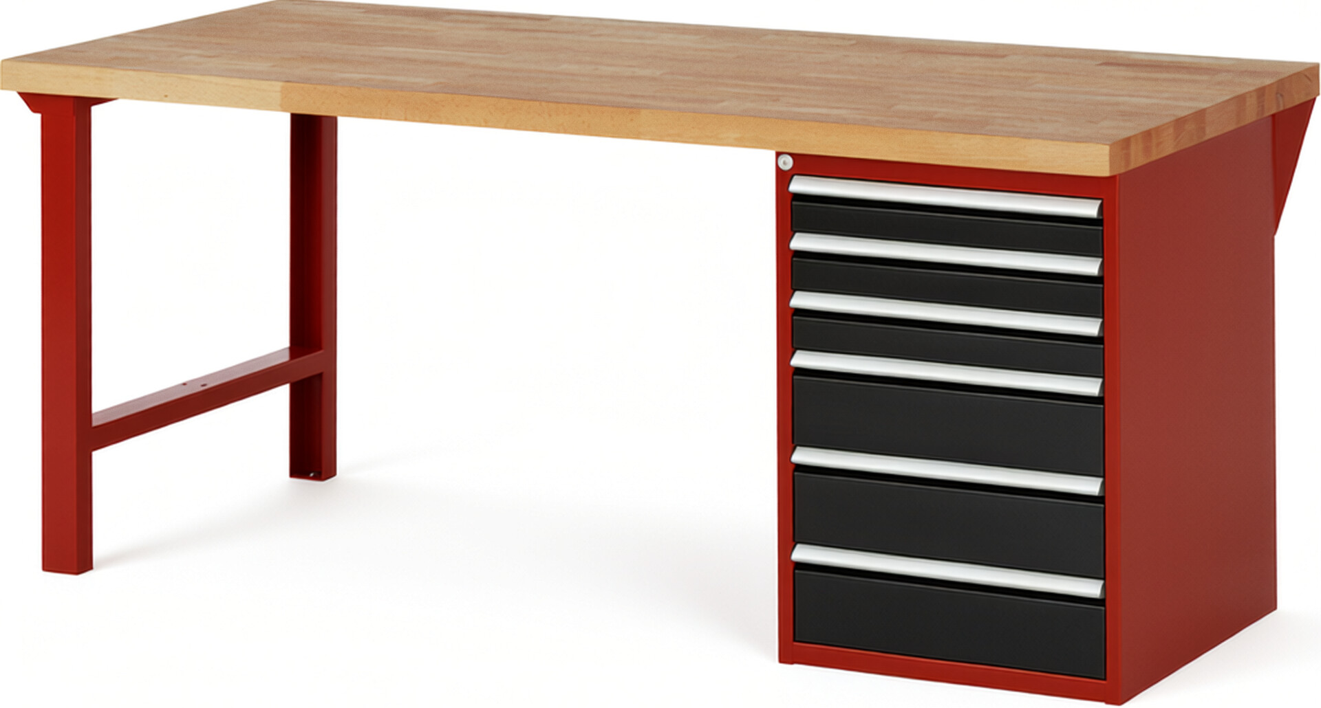 Werkbank Modell 7515 rot - schwarz, BxTxH 2000x900x890 mm,  Buche-Massiv Arbeitsplatte 40 mm,  6 Schubladen mit  Vollauszug 100 % und  SoftClosing