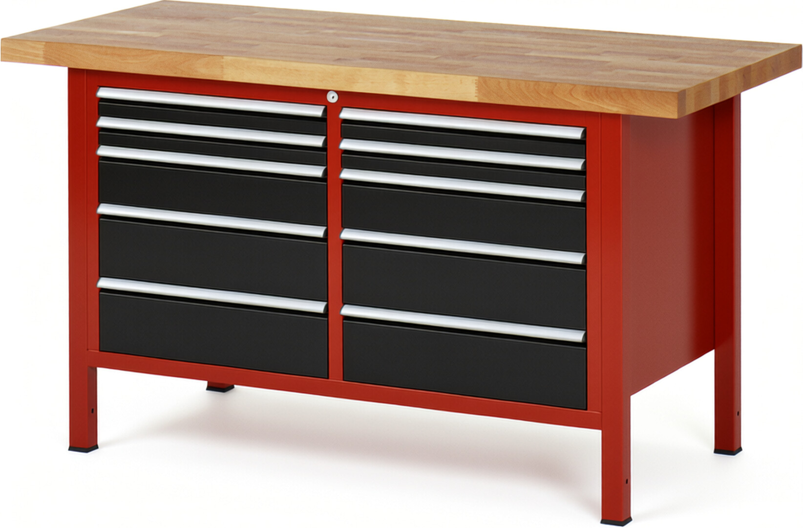 Werkbank Modell 8480 rot - schwarz, BxTxH 1500x700x840 mm,  Buche-Massiv Arbeitsplatte 40 mm,  10 Schubladen mit  Vollauszug 100 % und  SoftClosing