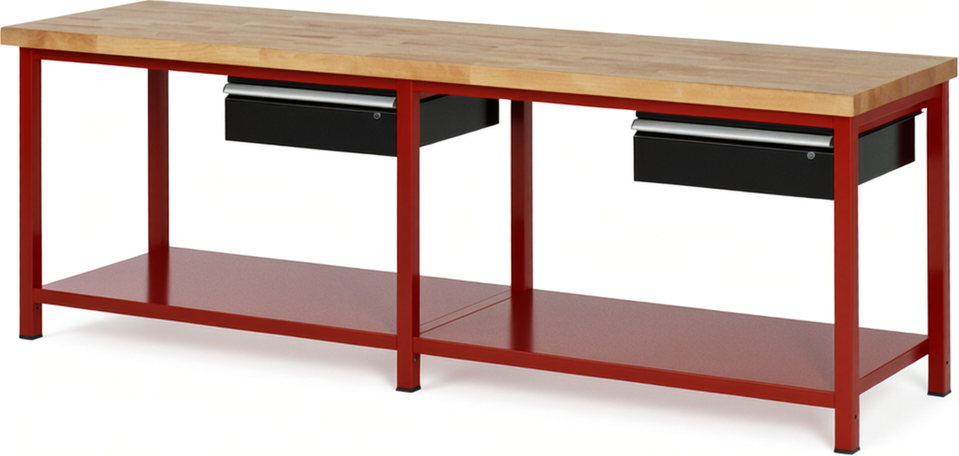 Werkbank Modell 8001 rot - schwarz, BxTxH 2500x700x840 mm,  Buche-Massiv Arbeitsplatte 40 mm,  2 Schubladen mit  Auszug 90 %