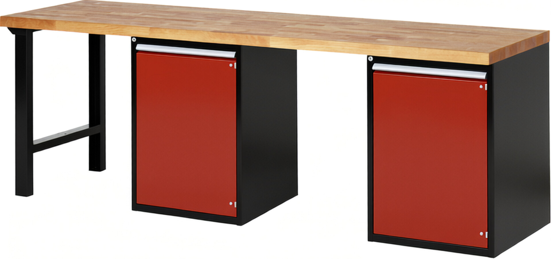 RAU Werkbank schwarz - rot - Breite 250 cm - Tiefe 70 cm - Höhe 89 cm - Buche-Massiv Arbeitsplatte 40 mm