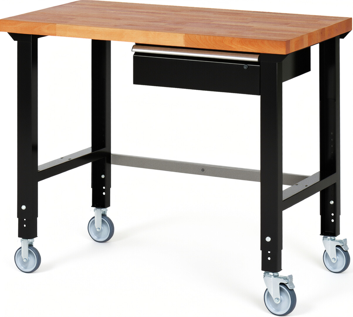 Fahrbare Werkbank Modell 7001 schwarz, BxTxH 1250x700x950-1000 mm,  Buche-Massiv Arbeitsplatte 40 mm,  1 Schublade mit  Auszug 90 %