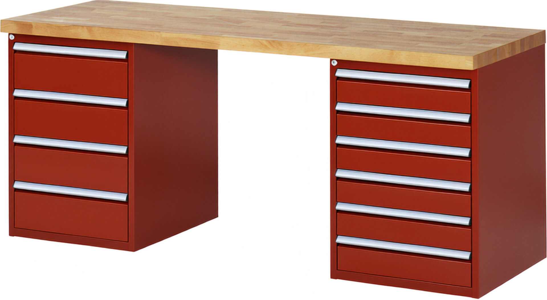 Werkbank Modell 7821 rot, BxTxH 2000x700x890 mm,  Buche-Massiv Arbeitsplatte 40 mm,  10 Schubladen mit  Auszug 90 %