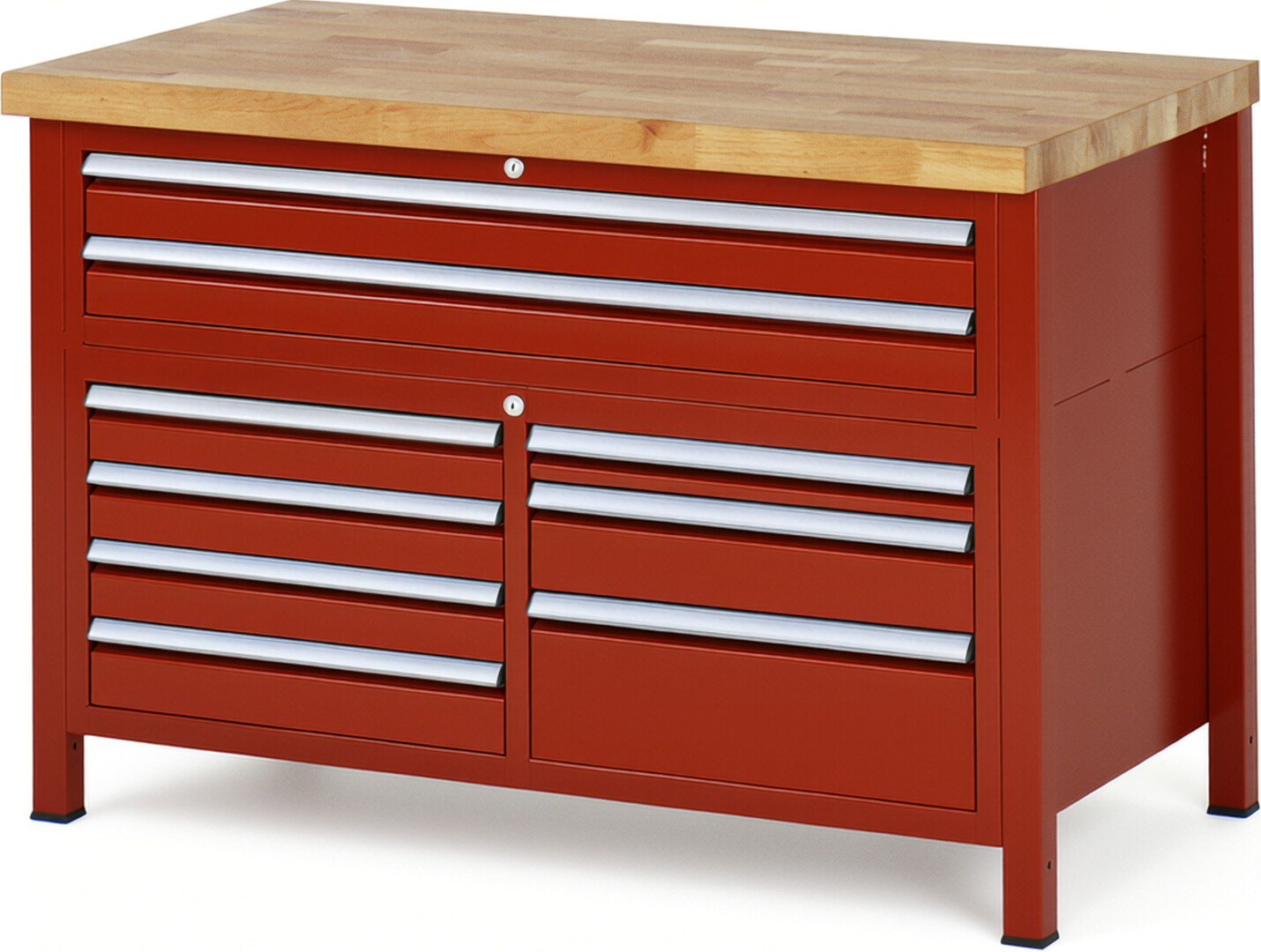 Werkbank Modell 8923 rot, BxTxH 1250x700x840 mm,  Buche-Massiv Arbeitsplatte 40 mm,  9 Schubladen mit  Auszug 90 %