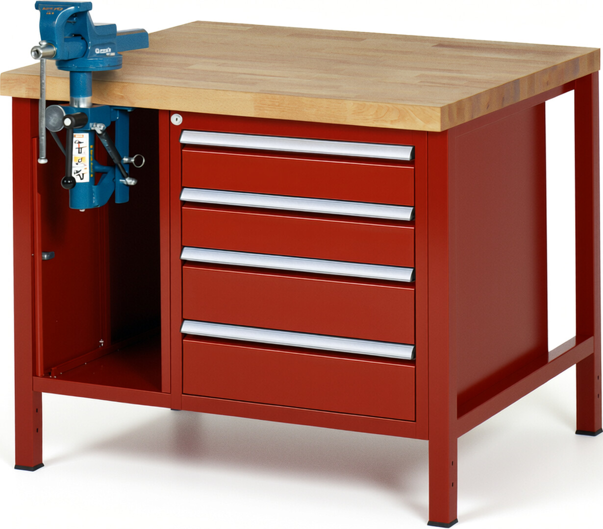 Werkbank Modell 8185 rot, BxTxH 1000x900x840-1040 mm,  Buche-Massiv Arbeitsplatte 40 mm,  4 Schubladen mit  Auszug 90 %