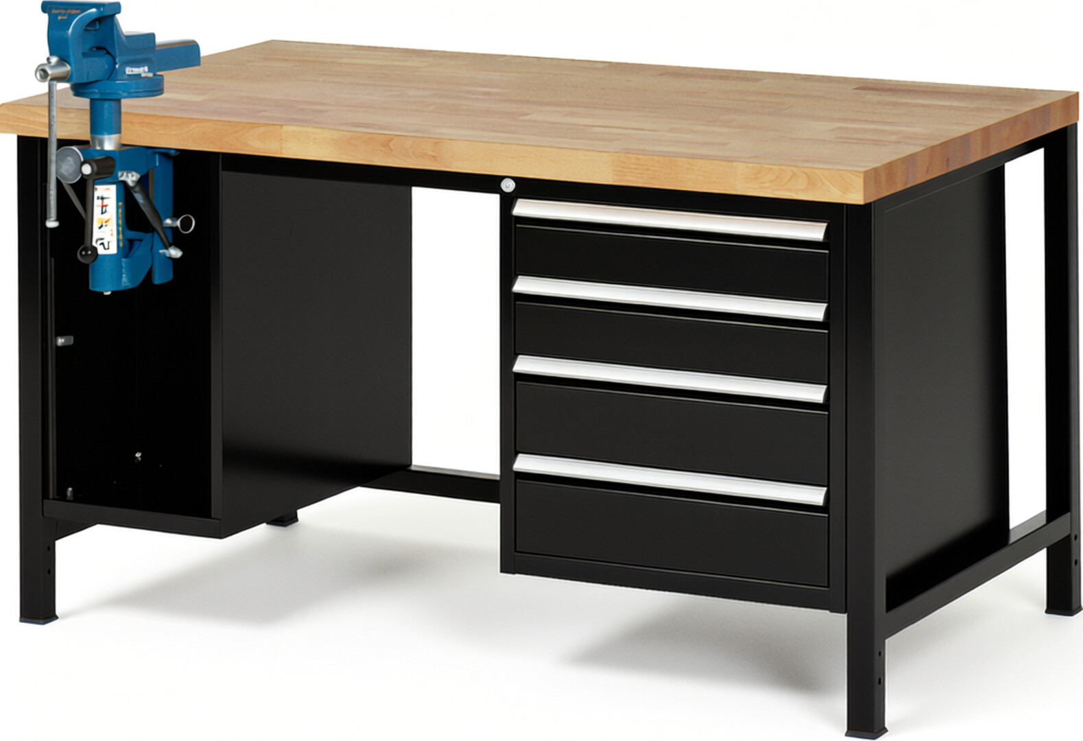 Werkbank Modell 8185 schwarz, BxTxH 1500x900x840-1040 mm,  Buche-Massiv Arbeitsplatte 40 mm,  4 Schubladen mit  Auszug 90 %
