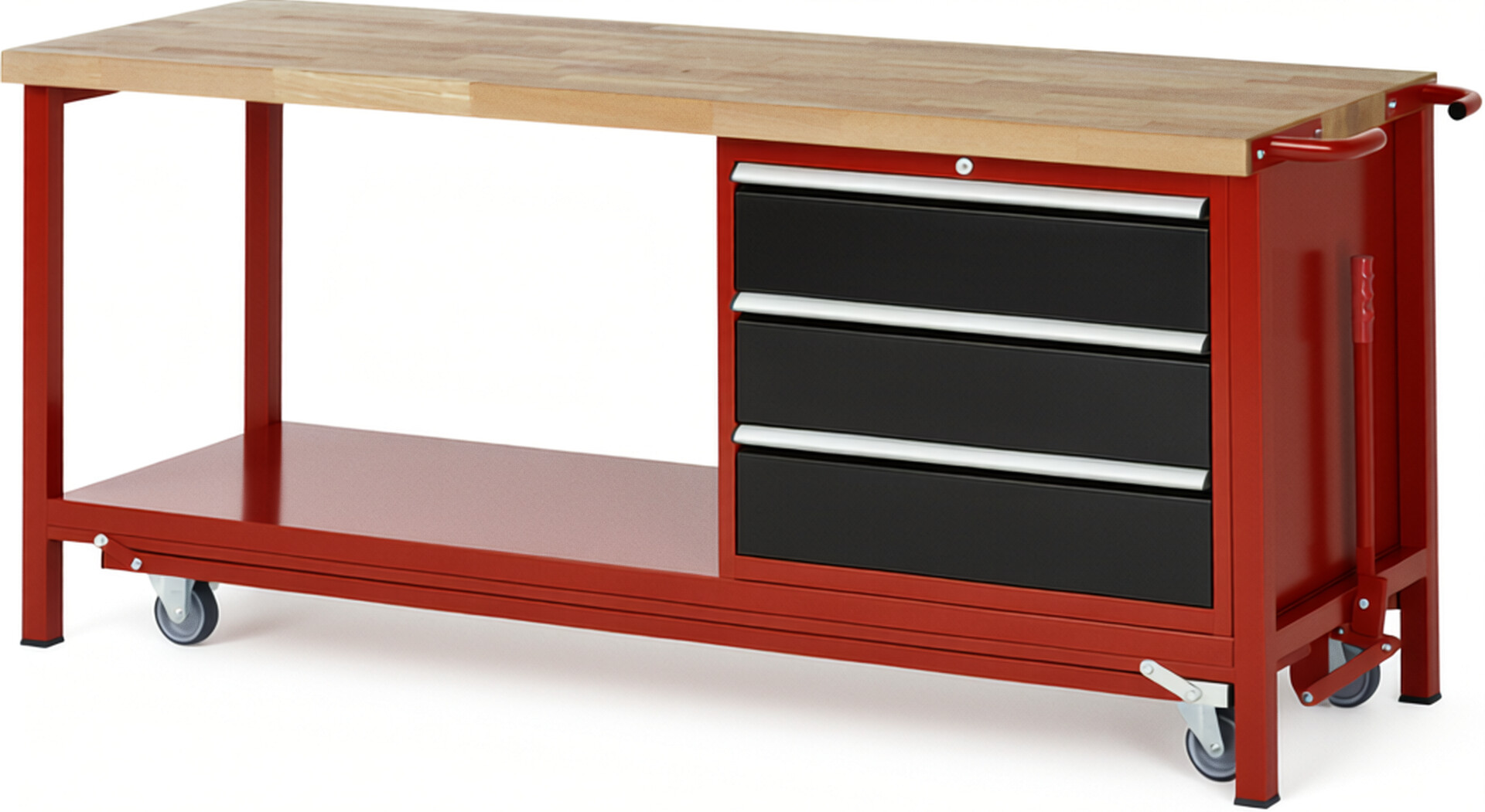 Absenkbare Werkbank Modell 8257 rot - schwarz, BxTxH 2000x700x880 mm,  Buche-Massiv Arbeitsplatte 40 mm,  3 Schubladen mit  Auszug 90 %