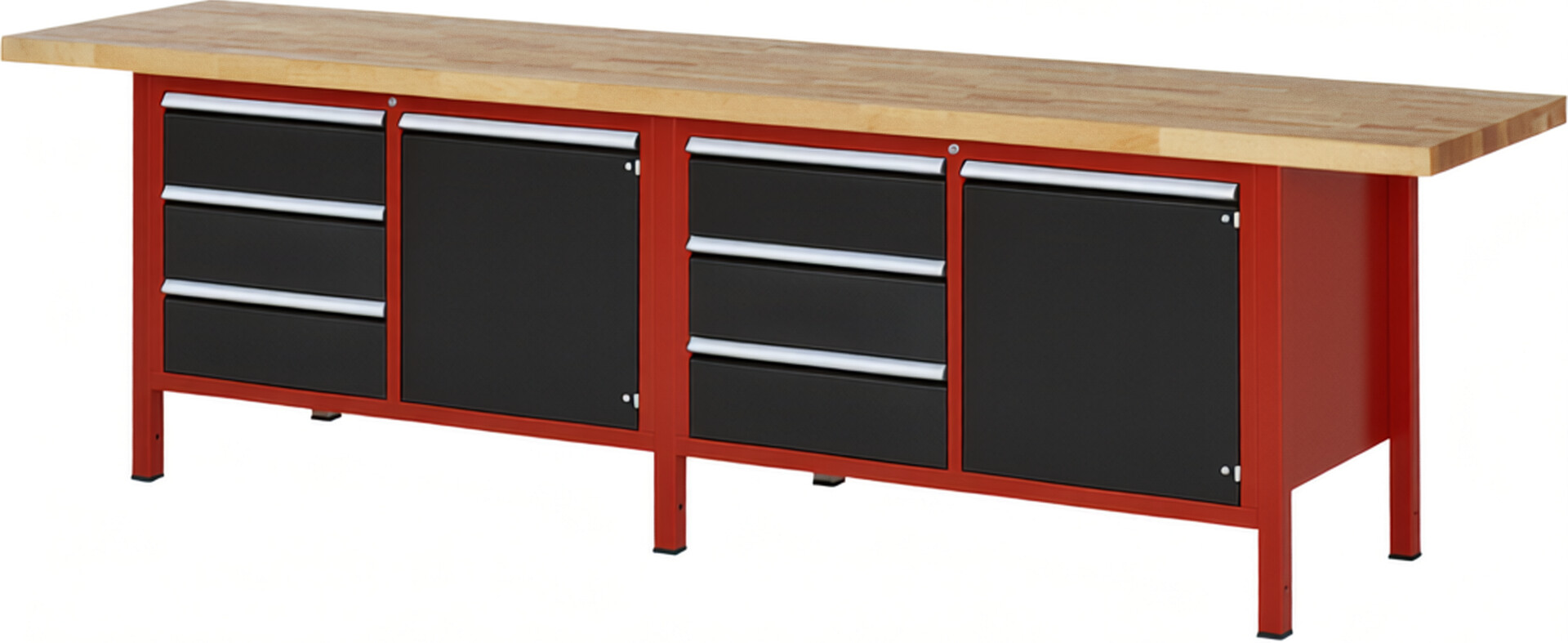 Werkbank Modell 8468 rot - schwarz, BxTxH 3000x700x840-1040 mm,  Buche-Massiv Arbeitsplatte 40 mm,  6 Schubladen mit  Auszug 90 %