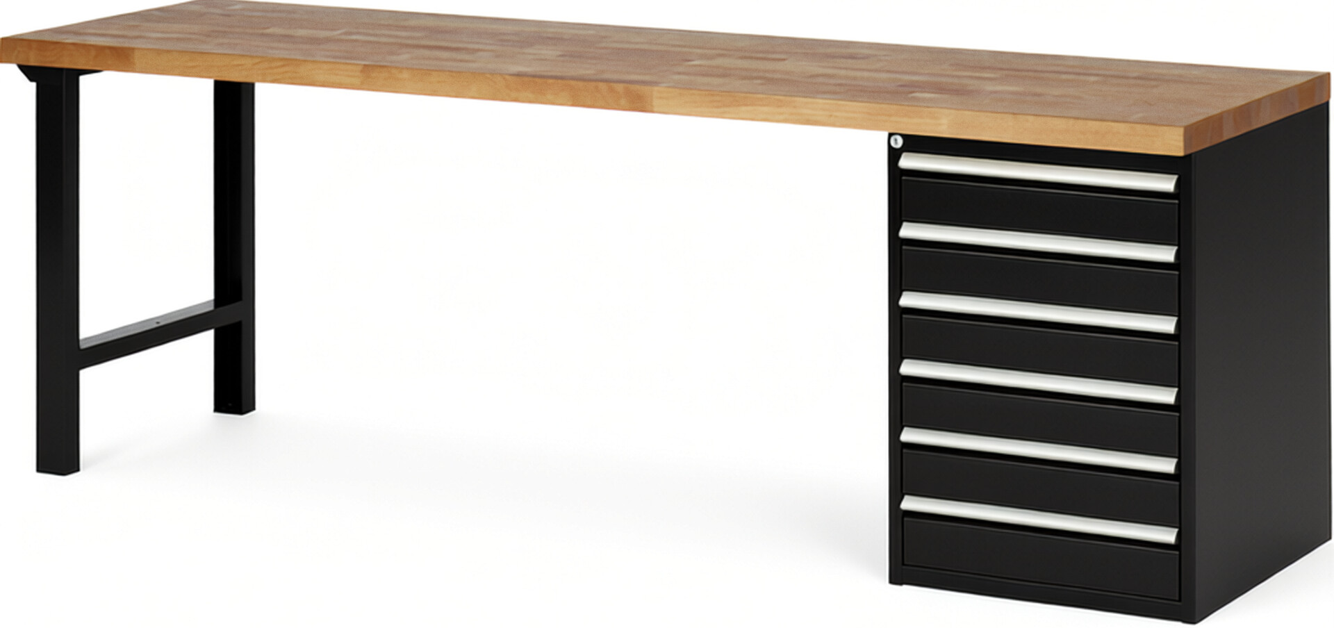 Werkbank Modell 7516 schwarz, BxTxH 2500x700x840 mm,  Buche-Massiv Arbeitsplatte 40 mm,  6 Schubladen mit  Vollauszug 100 % und  SoftClosing