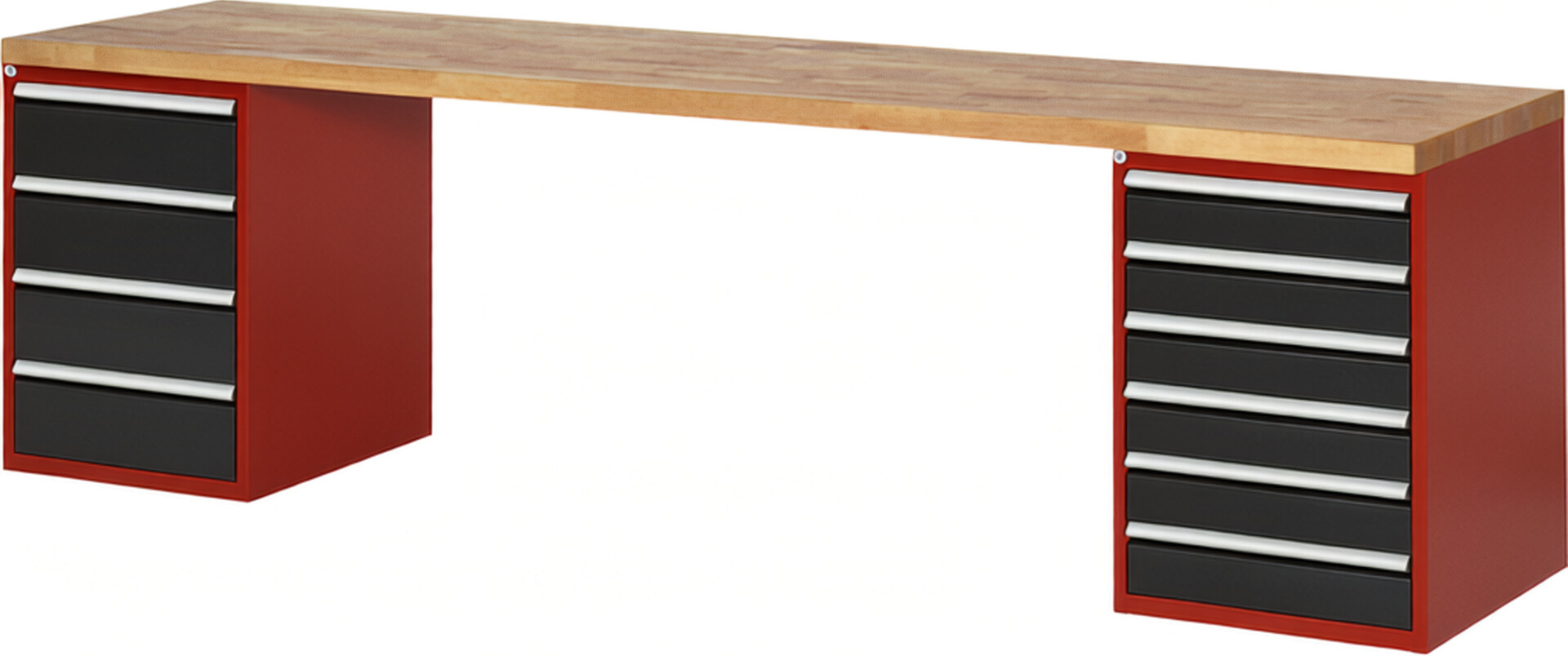 Werkbank Modell 7821 rot - schwarz, BxTxH 3000x700x890 mm,  Buche-Massiv Arbeitsplatte 40 mm,  10 Schubladen mit  Auszug 90 %