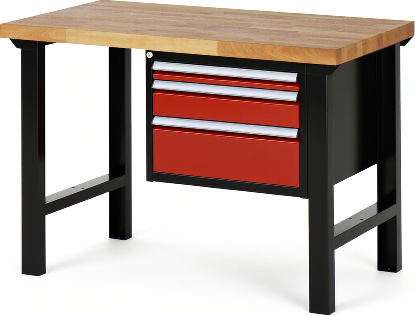 RAU Werkbank schwarz - rot - Breite 125 cm - Tiefe 70 cm - Höhe 84 cm - Buche-Massiv Arbeitsplatte 40 mm