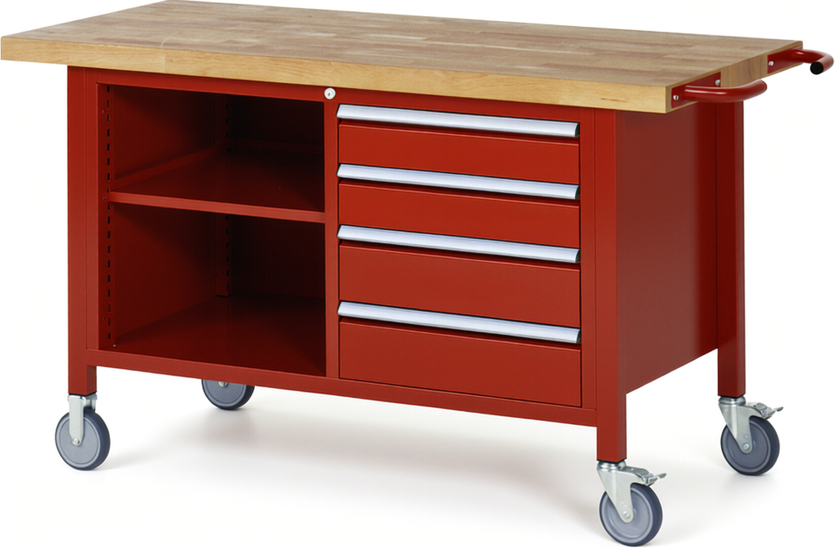 Fahrbare Werkbank Modell 8463 rot, BxTxH 1500x700x880 mm,  Buche-Massiv Arbeitsplatte 40 mm,  4 Schubladen mit  Auszug 90 %