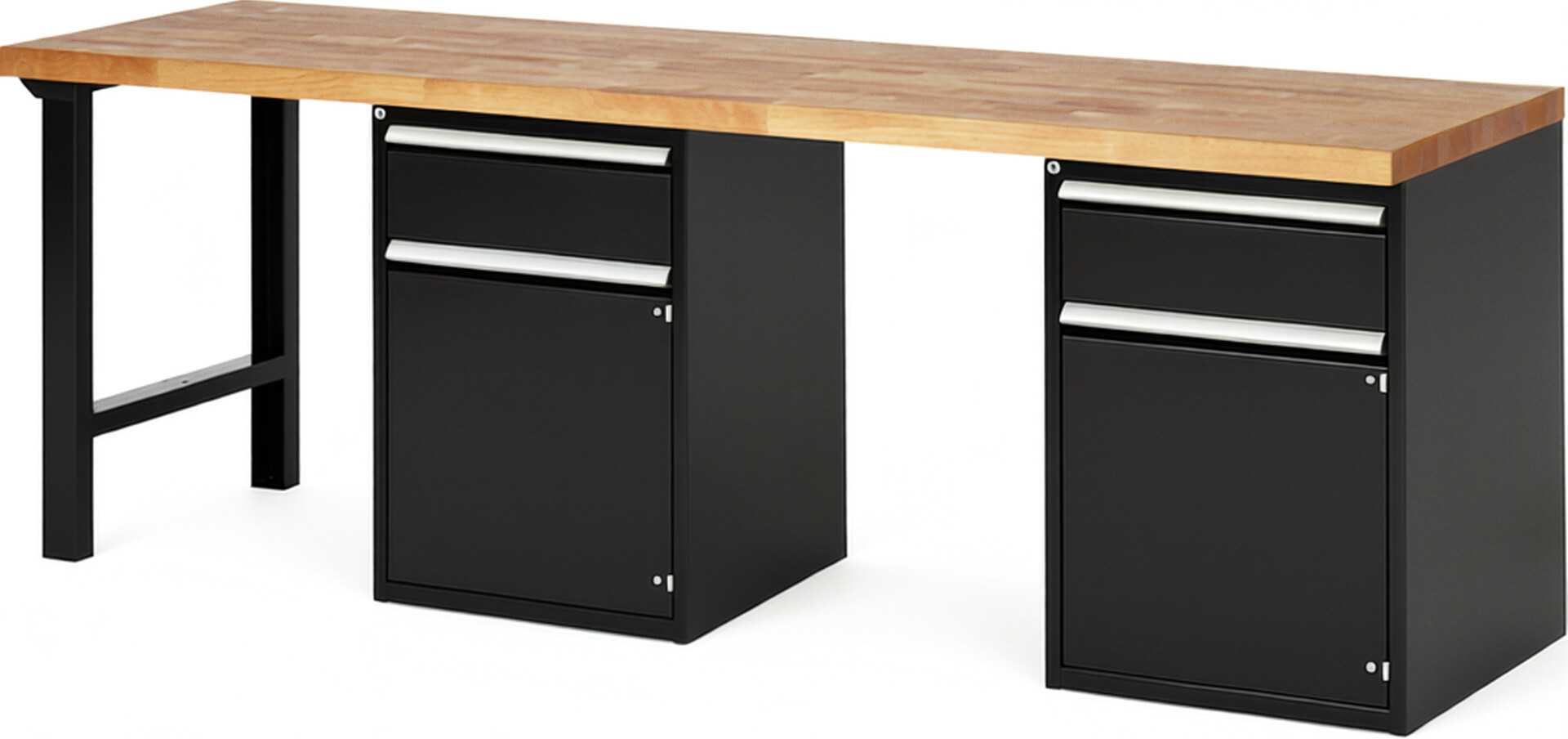 Werkbank Modell 7502 schwarz, BxTxH 2500x700x890 mm,  Buche-Massiv Arbeitsplatte 40 mm,  2 Schubladen mit  Auszug 90 %