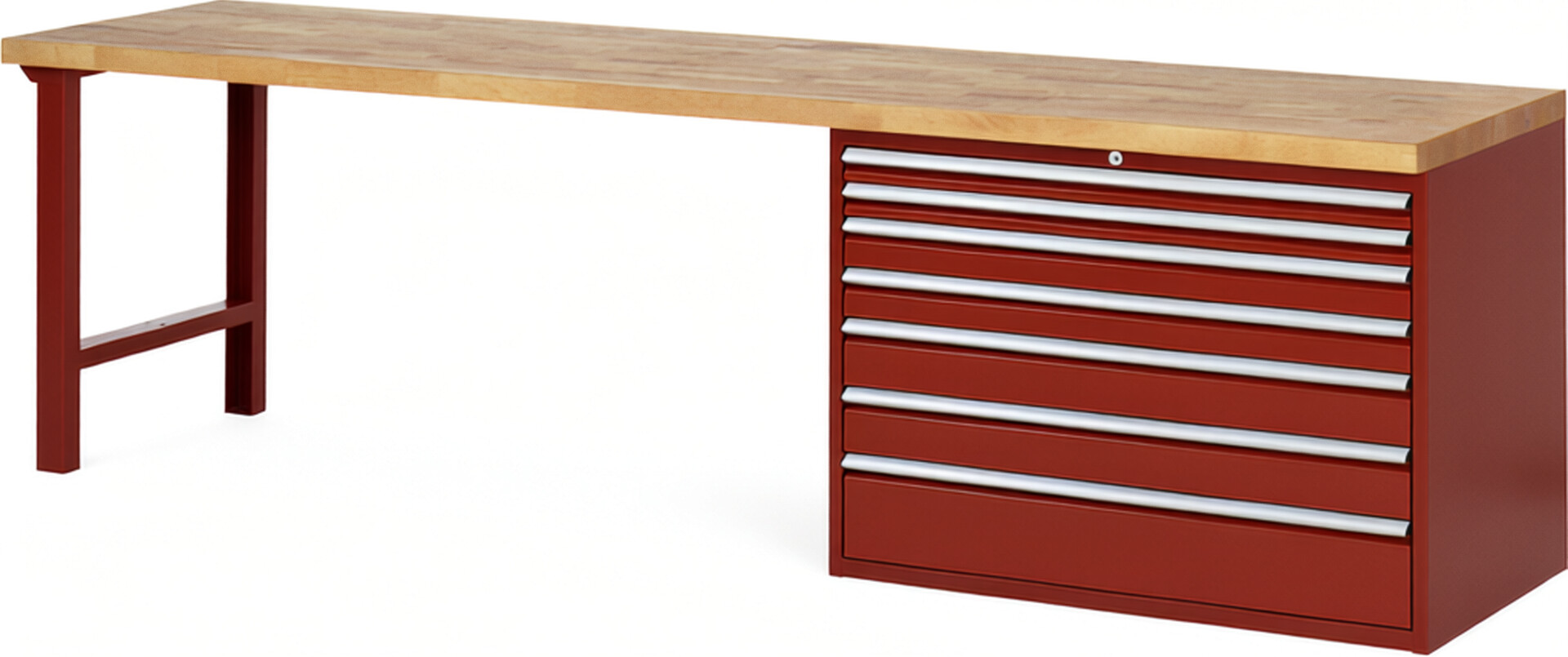 Werkbank Modell 7717 rot, BxTxH 3000x700x890 mm,  Buche-Massiv Arbeitsplatte 40 mm,  7 Schubladen mit  Auszug 90 %