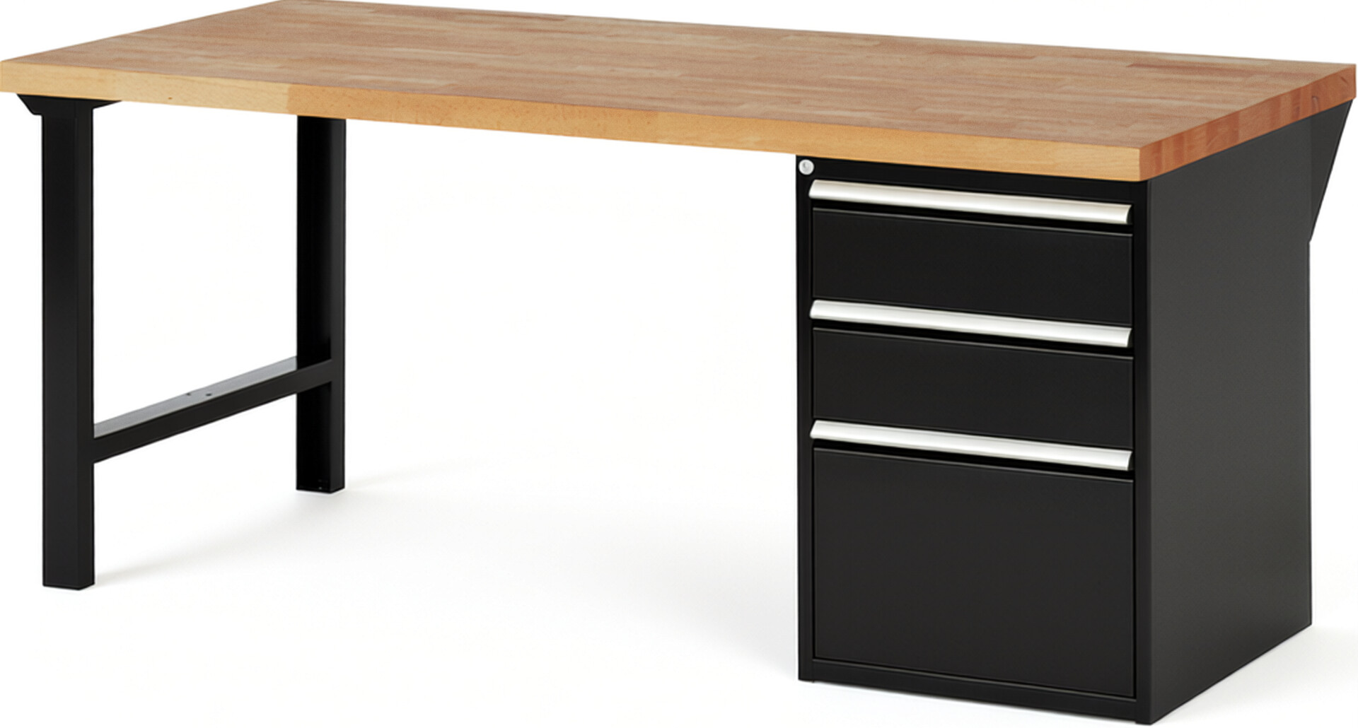 Werkbank Modell 7507 schwarz, BxTxH 2000x900x890 mm,  Buche-Massiv Arbeitsplatte 40 mm,  3 Schubladen mit  Vollauszug 100 % und  SoftClosing