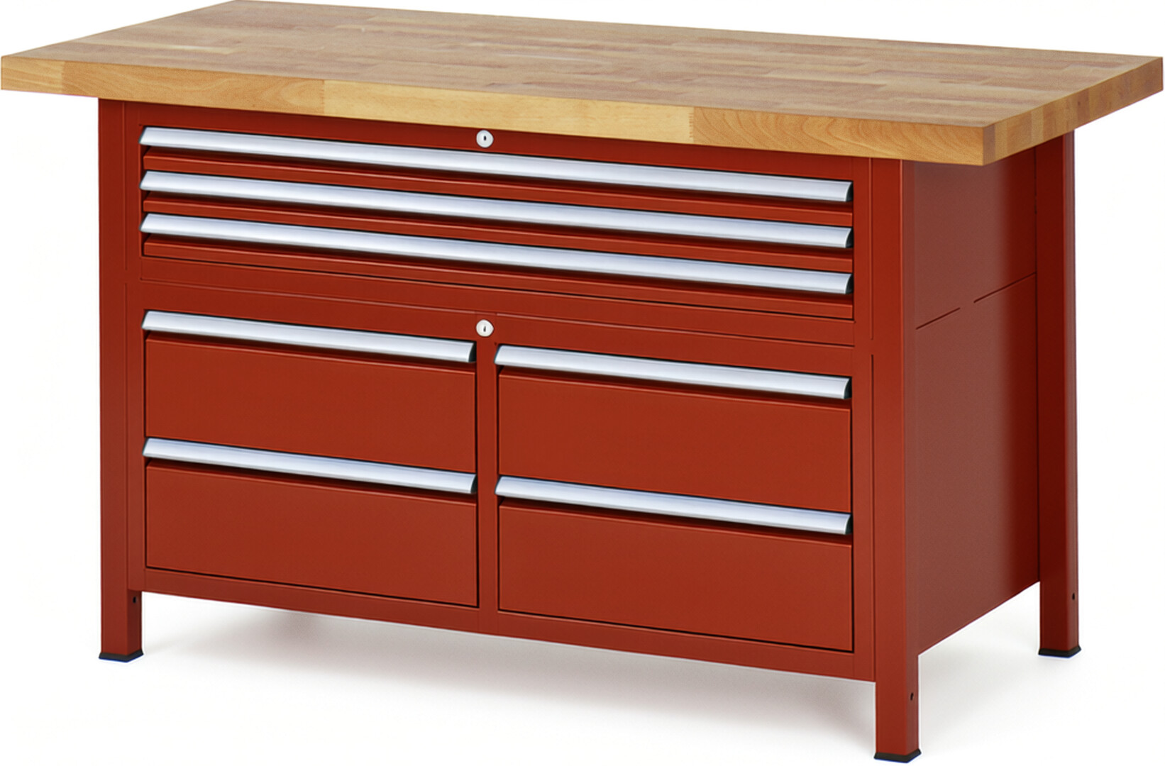 Werkbank Modell 8924 rot, BxTxH 1500x700x840 mm,  Buche-Massiv Arbeitsplatte 40 mm,  7 Schubladen mit  Vollauszug 100 % und  SoftClosing