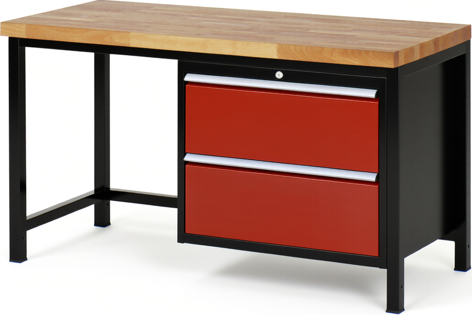 RAU Werkbank schwarz - rot - Breite 150 cm - Tiefe 70 cm - Höhe 104 cm - Buche-Massiv Arbeitsplatte 40 mm