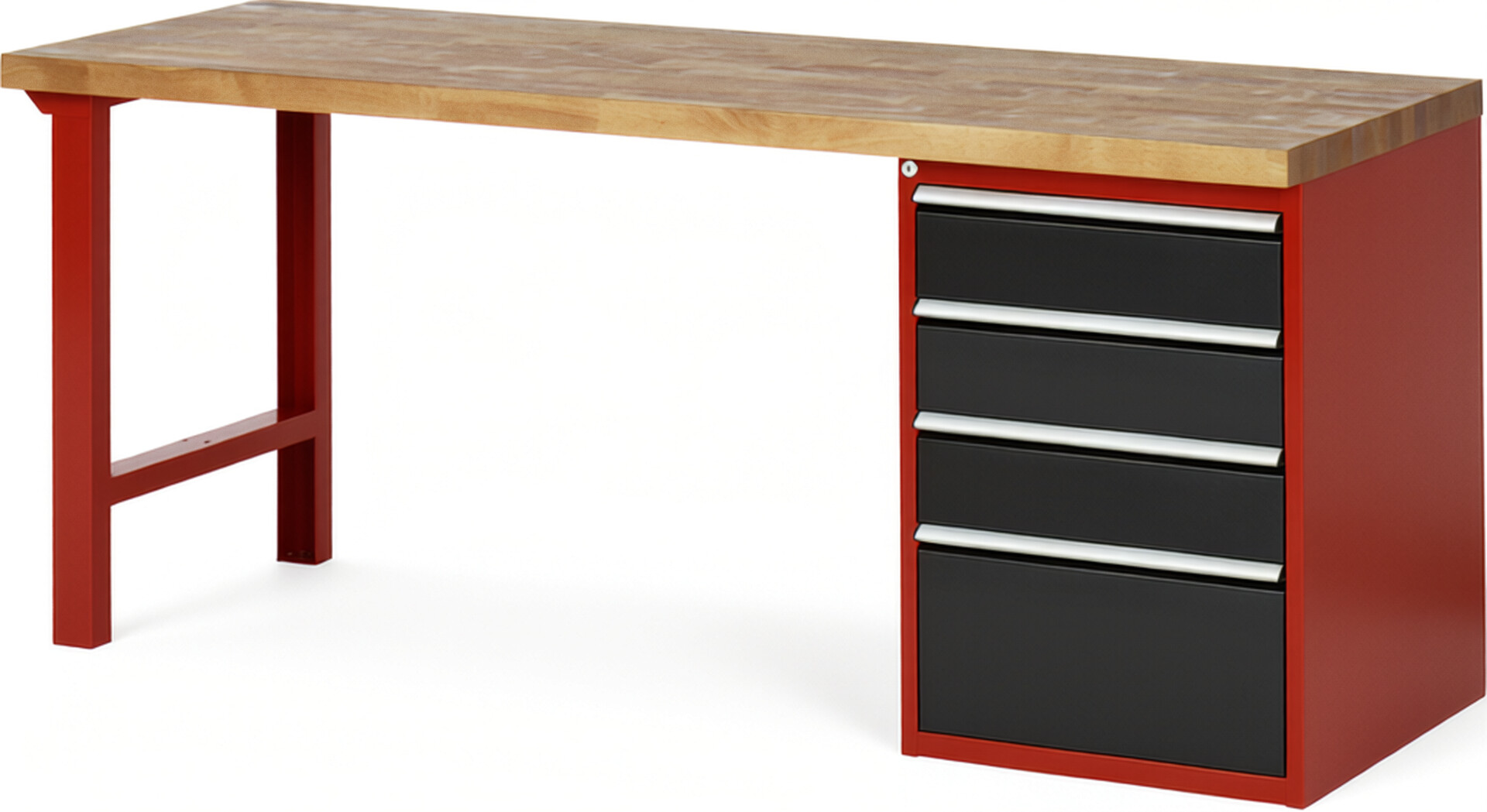 Werkbank Modell 7510 rot - schwarz, BxTxH 2000x700x890 mm,  Buche-Massiv Arbeitsplatte 40 mm,  4 Schubladen mit  Auszug 90 %