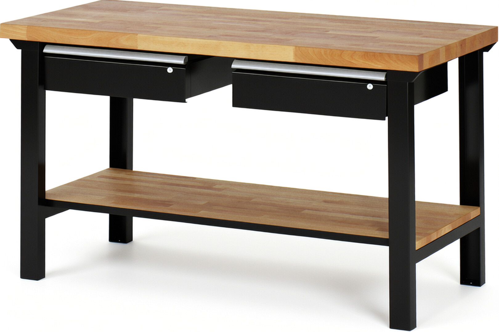 Werkbank Modell 7002 schwarz, BxTxH 1500x700x840 mm,  Buche-Massiv Arbeitsplatte 40 mm,  2 Schubladen mit  Auszug 90 %