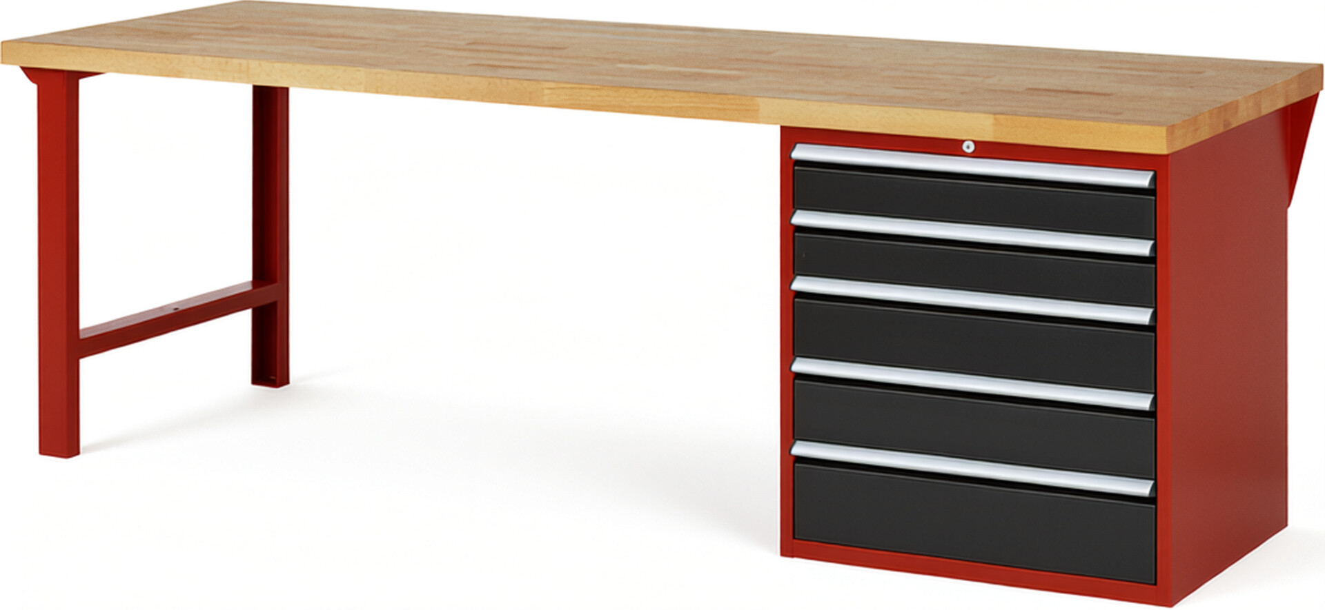 Werkbank Modell 7613 rot - schwarz, BxTxH 2500x900x840 mm,  Buche-Massiv Arbeitsplatte 40 mm,  5 Schubladen mit  Auszug 90 %