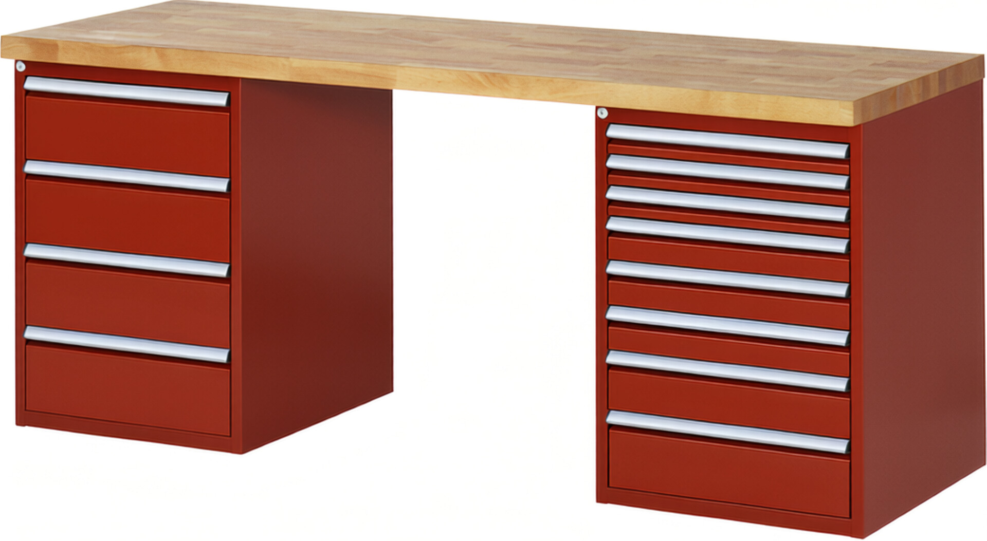 Werkbank Modell 7822 rot, BxTxH 2000x700x890 mm,  Buche-Massiv Arbeitsplatte 40 mm,  12 Schubladen mit  Vollauszug 100 % und  SoftClosing