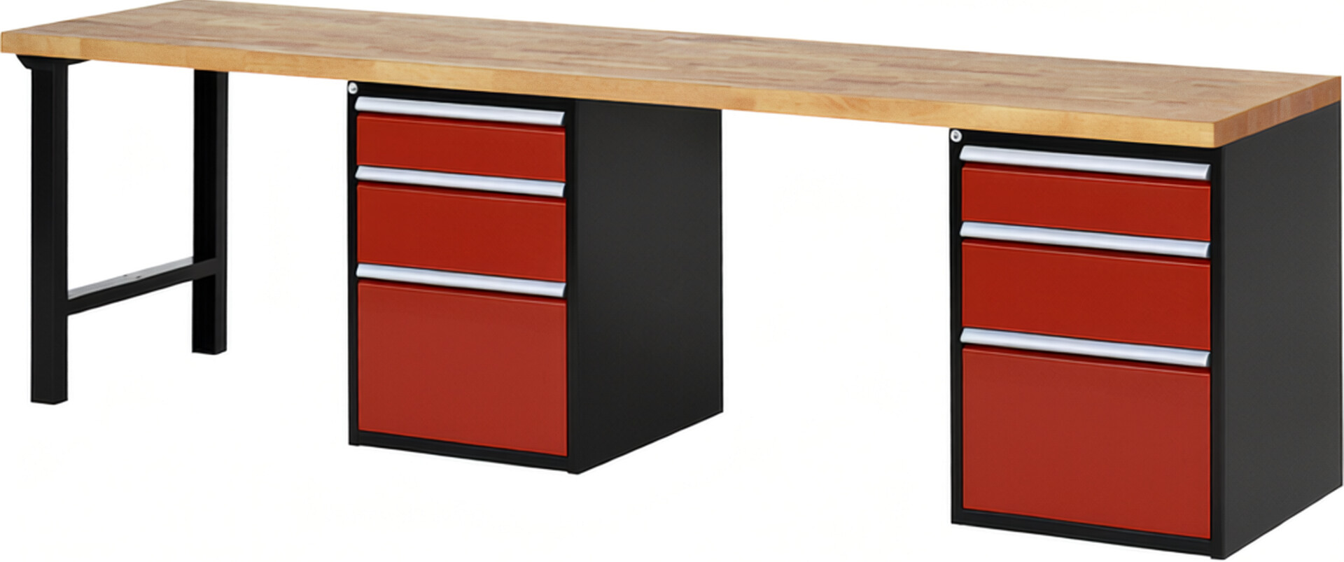 RAU Werkbank schwarz - rot - Breite 300 cm - Tiefe 70 cm - Höhe 89 cm - Buche-Massiv Arbeitsplatte 40 mm