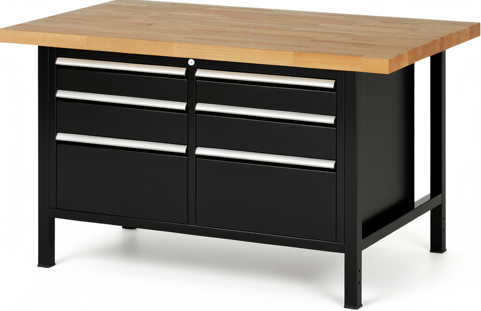 Werkbank Modell 8475 schwarz, BxTxH 1500x900x840-1040 mm,  Buche-Massiv Arbeitsplatte 40 mm,  6 Schubladen mit  Auszug 90 %