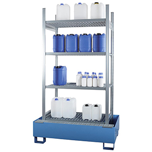 Kleingebinderegal mit 4 Gitterrostböden und 1 Auffangwanne RAL 5015