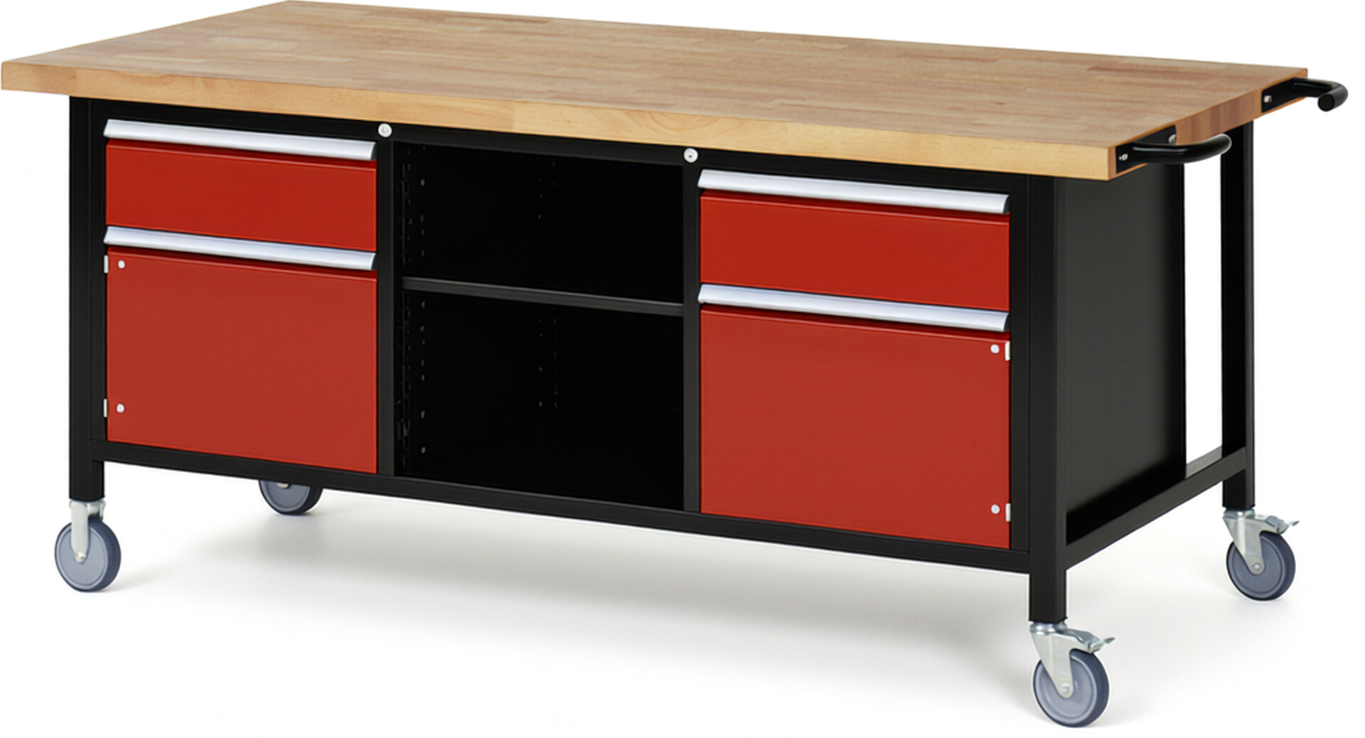 RAU Werkbank schwarz - rot - Breite 200 cm - Tiefe 90 cm - Höhe 108 cm - Buche-Massiv Arbeitsplatte 40 mm