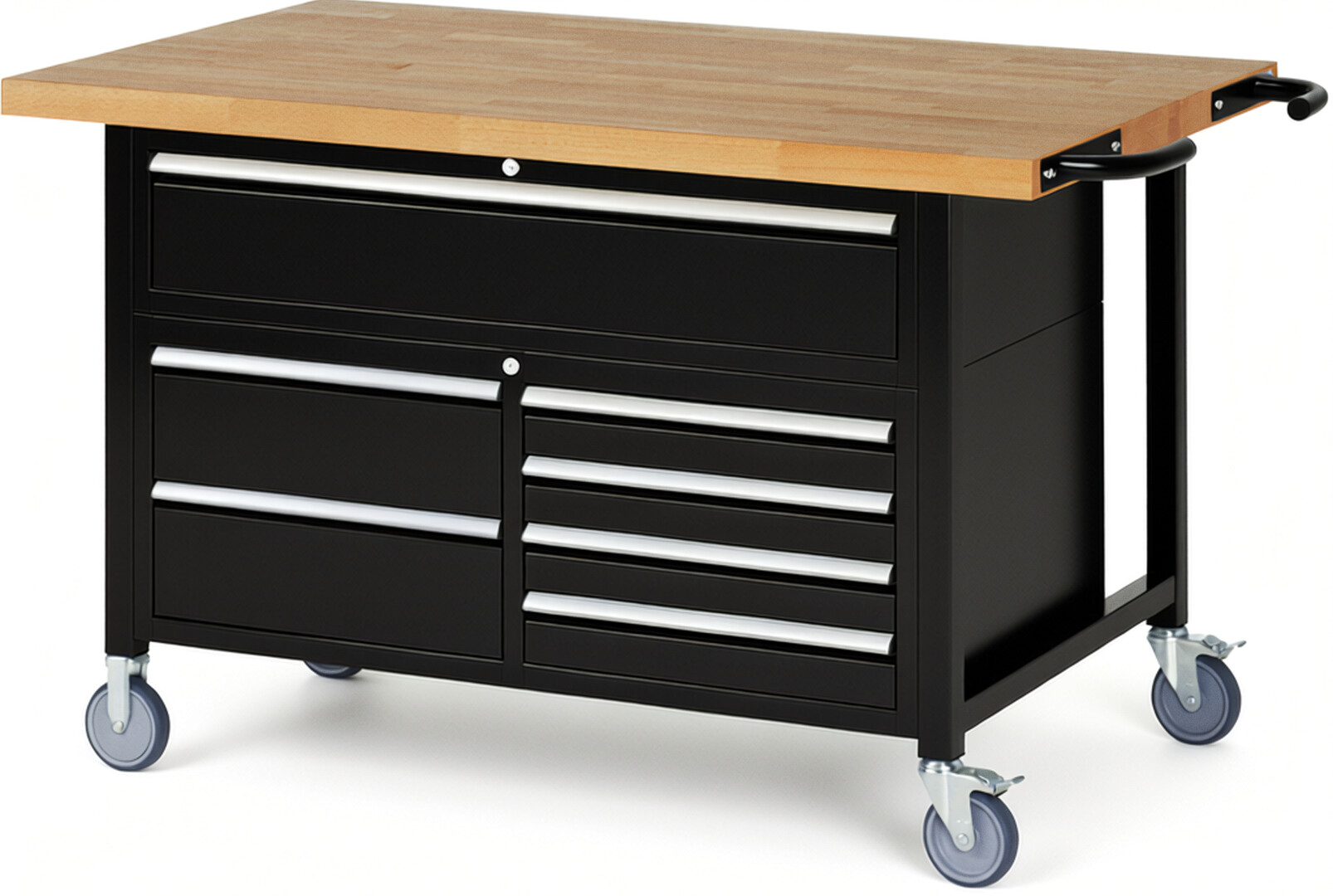Fahrbare Werkbank Modell 8921 schwarz, BxTxH 1500x900x920 mm,  Buche-Massiv Arbeitsplatte 40 mm,  7 Schubladen mit  Vollauszug 100 % und  SoftClosing