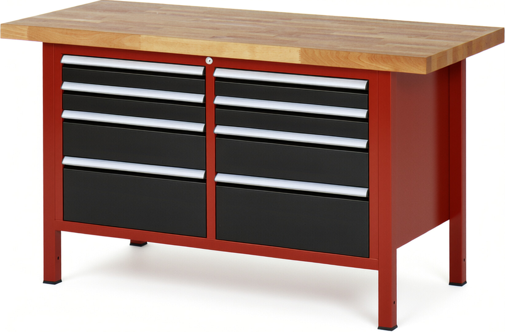 Werkbank Modell 8478 rot - schwarz, BxTxH 1500x700x840 mm,  Buche-Massiv Arbeitsplatte 40 mm,  8 Schubladen mit  Vollauszug 100 % und  SoftClosing
