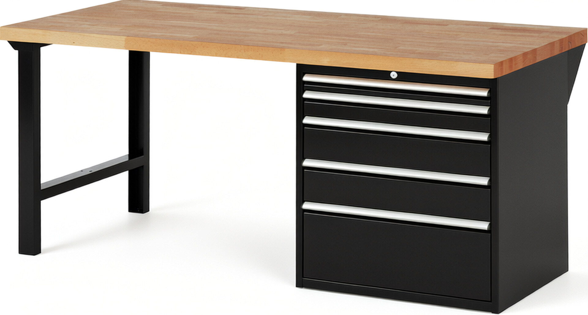 Werkbank Modell 7611 schwarz, BxTxH 2000x900x890 mm,  Buche-Massiv Arbeitsplatte 40 mm,  5 Schubladen mit  Auszug 90 %