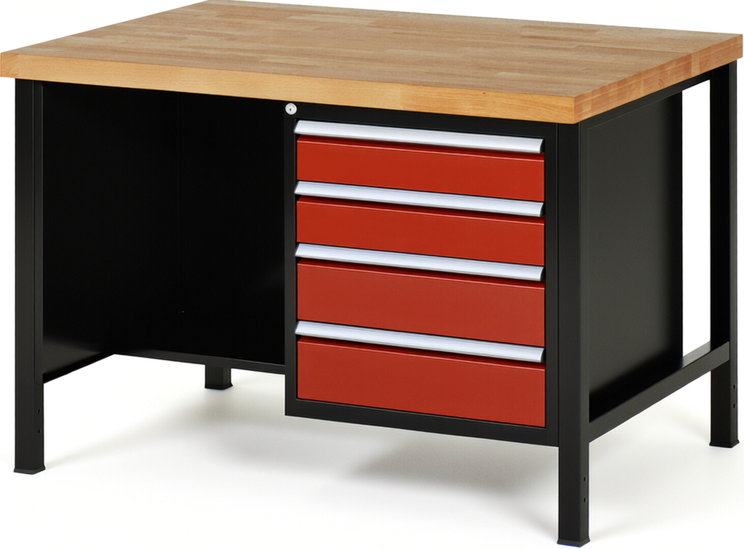 RAU Werkbank schwarz - rot - Breite 125 cm - Tiefe 90 cm - Höhe 104 cm - Buche-Massiv Arbeitsplatte 40 mm
