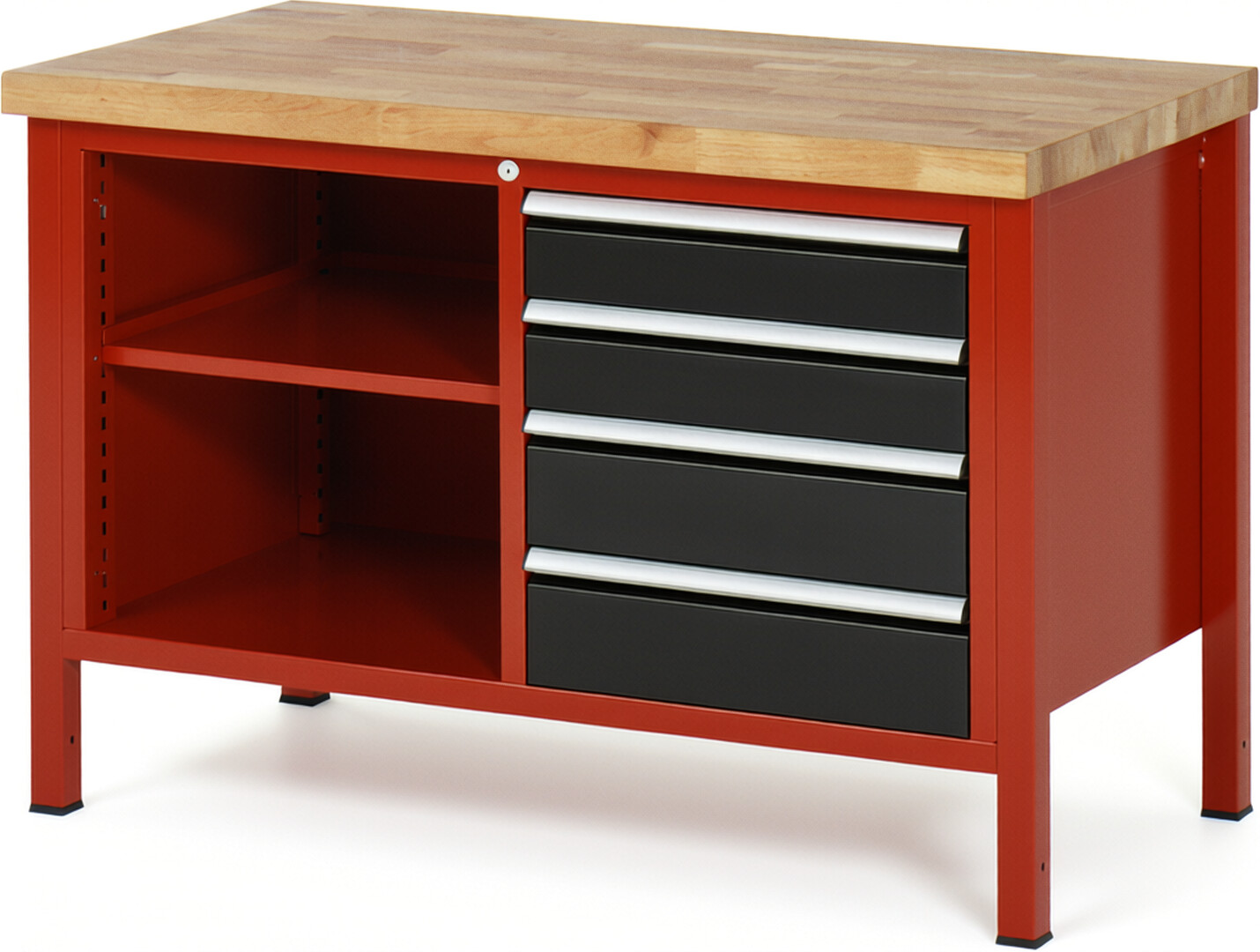 Werkbank Modell 8463 rot - schwarz, BxTxH 1250x700x840-1040 mm,  Buche-Massiv Arbeitsplatte 40 mm,  4 Schubladen mit  Auszug 90 %