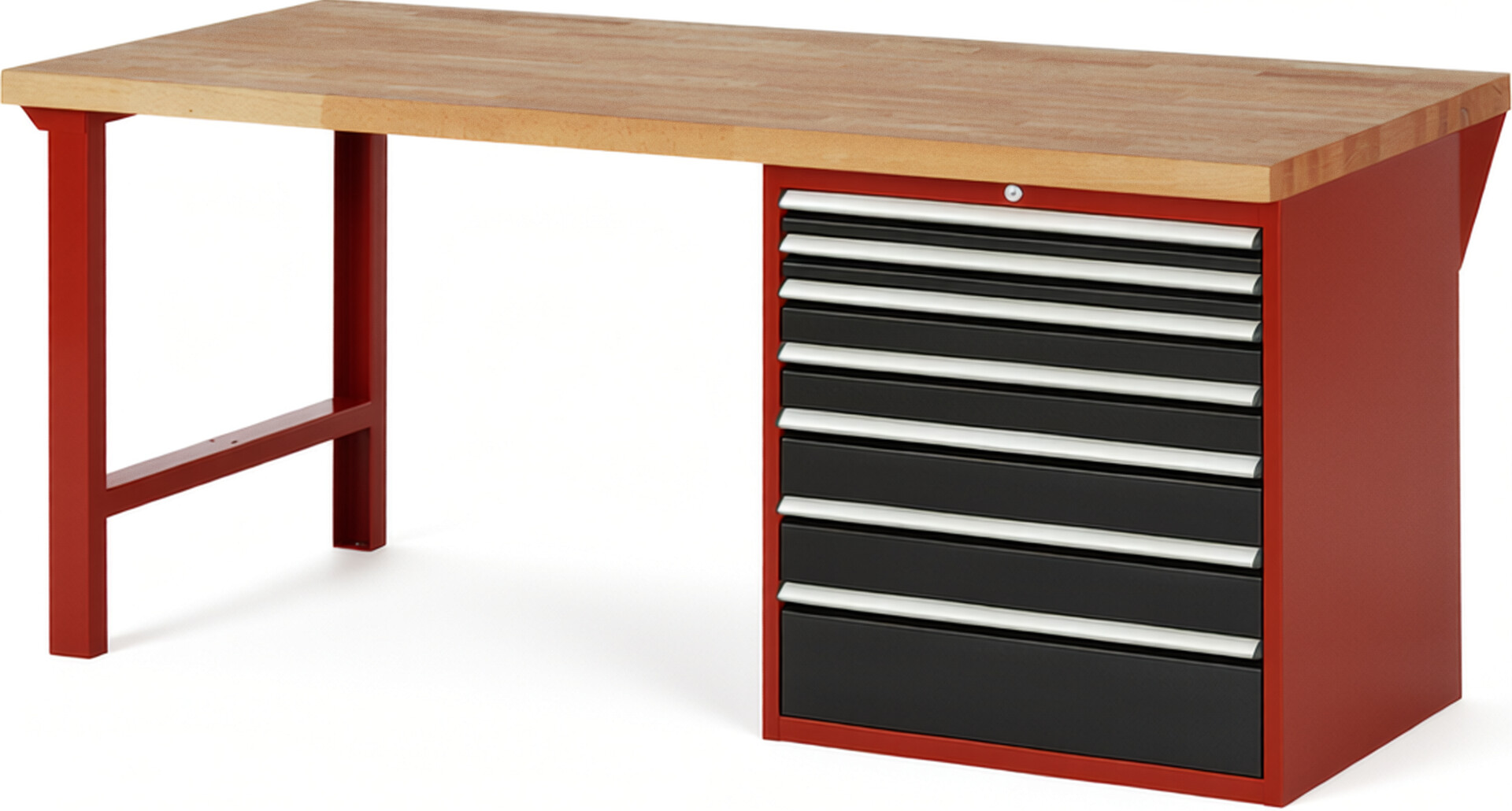 Werkbank Modell 7617 rot - schwarz, BxTxH 2000x900x890 mm,  Buche-Massiv Arbeitsplatte 40 mm,  7 Schubladen mit  Auszug 90 %