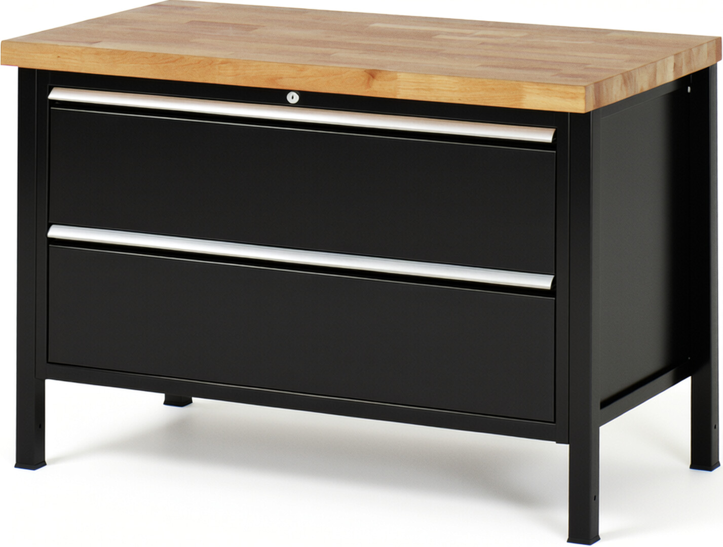 Werkbank Modell 8355 schwarz, BxTxH 1250x700x840 mm,  Buche-Massiv Arbeitsplatte 40 mm,  2 Schubladen mit  Auszug 90 %