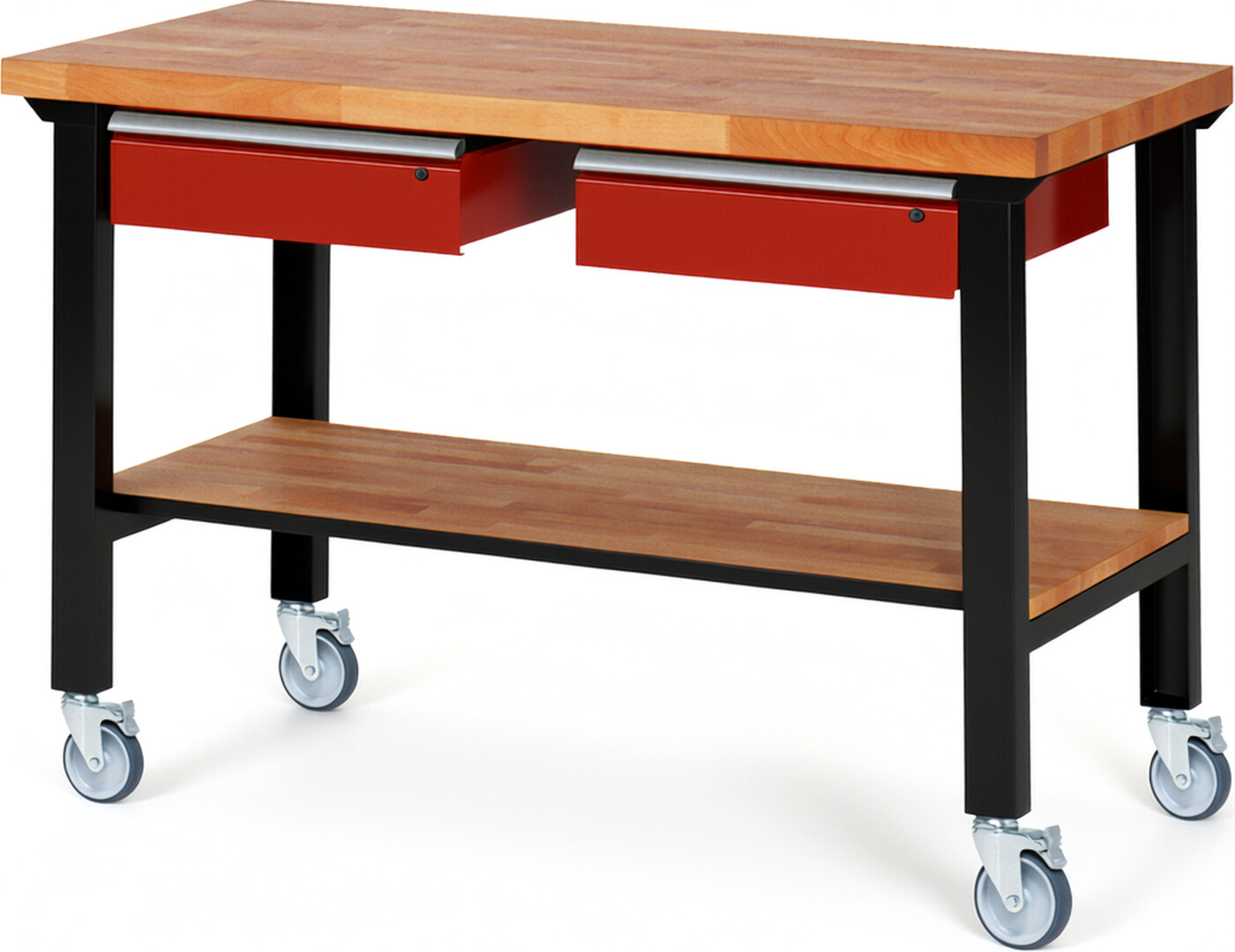 RAU Werkbank schwarz - rot - Breite 150 cm - Tiefe 70 cm - Höhe 100 cm - Buche-Massiv Arbeitsplatte 40 mm