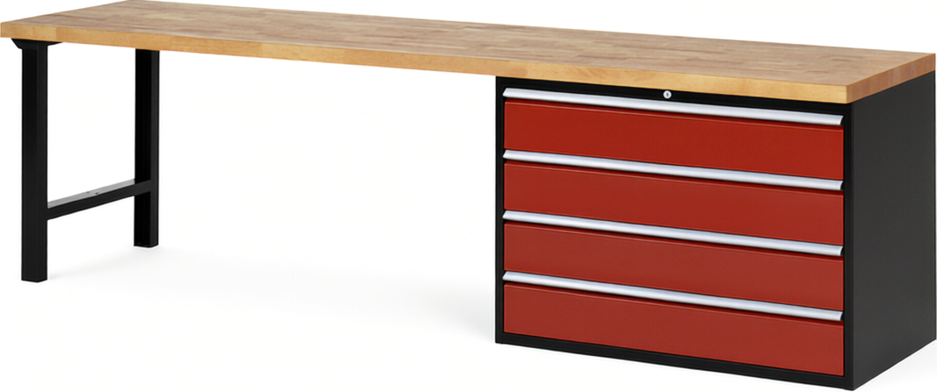 RAU Werkbank schwarz - rot - Breite 300 cm - Tiefe 70 cm - Höhe 89 cm - Buche-Massiv Arbeitsplatte 40 mm