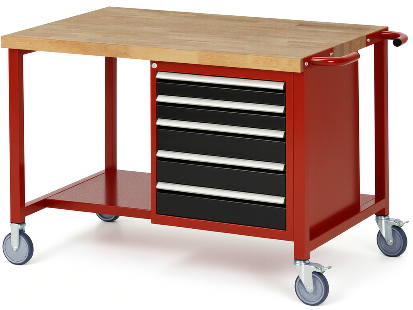 Fahrbare Werkbank Modell 8171 rot - schwarz, BxTxH 1250x900x880 mm,  Buche-Massiv Arbeitsplatte 40 mm,  5 Schubladen mit  Vollauszug 100 % und  SoftClosing