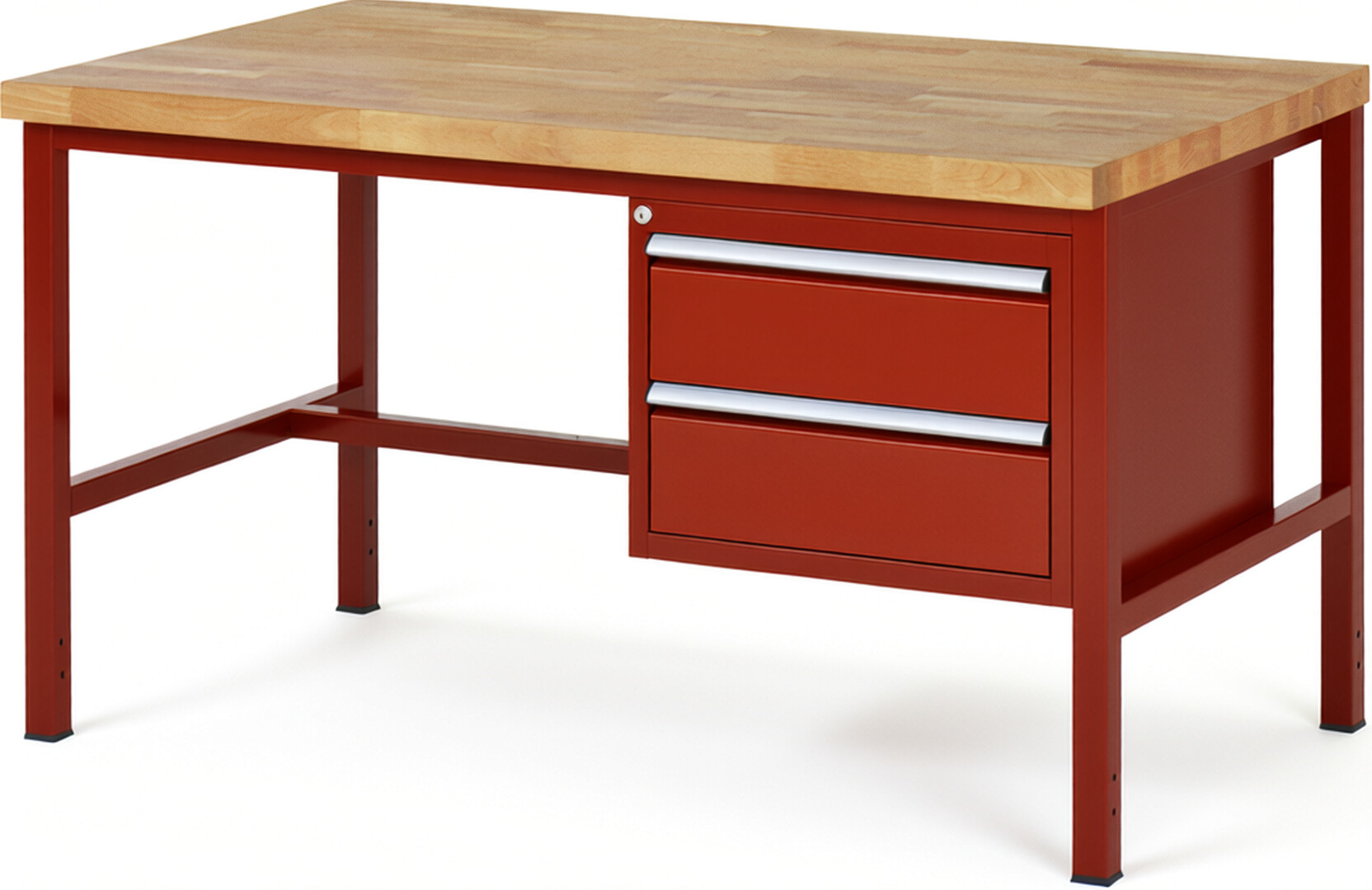 Werkbank Modell 8125 rot, BxTxH 1500x900x840 mm,  Buche-Massiv Arbeitsplatte 40 mm,  2 Schubladen mit  Auszug 90 %