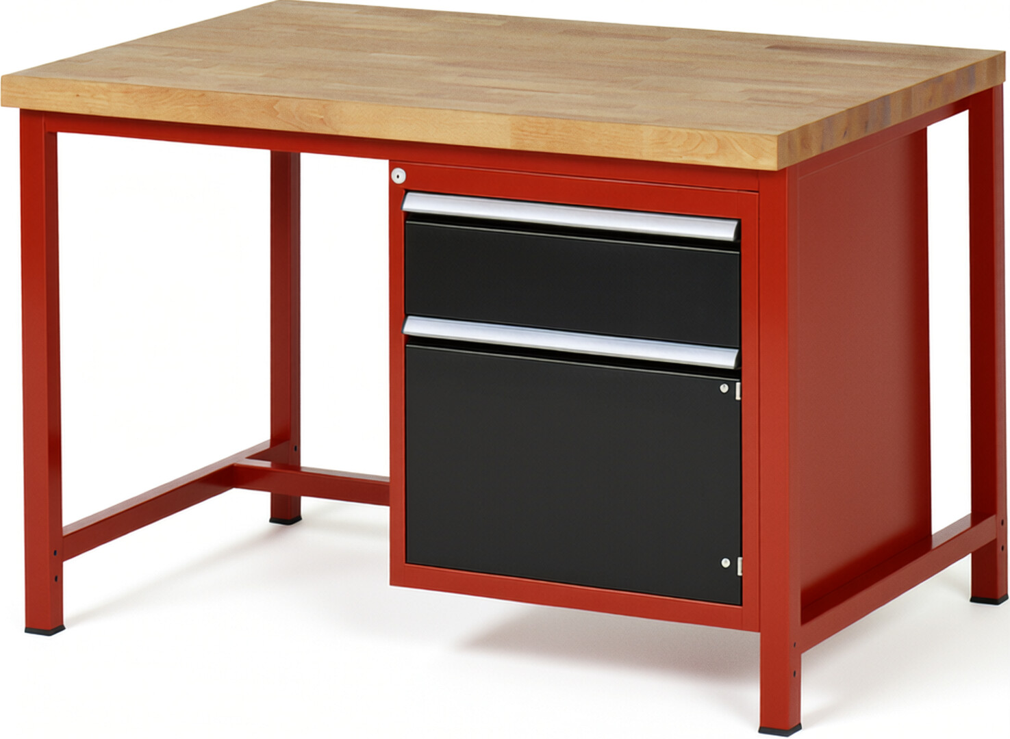 Werkbank Modell 8152 rot - schwarz, BxTxH 1250x900x840-1040 mm,  Buche-Massiv Arbeitsplatte 40 mm,  1 Schublade mit  Vollauszug 100 % und  SoftClosing