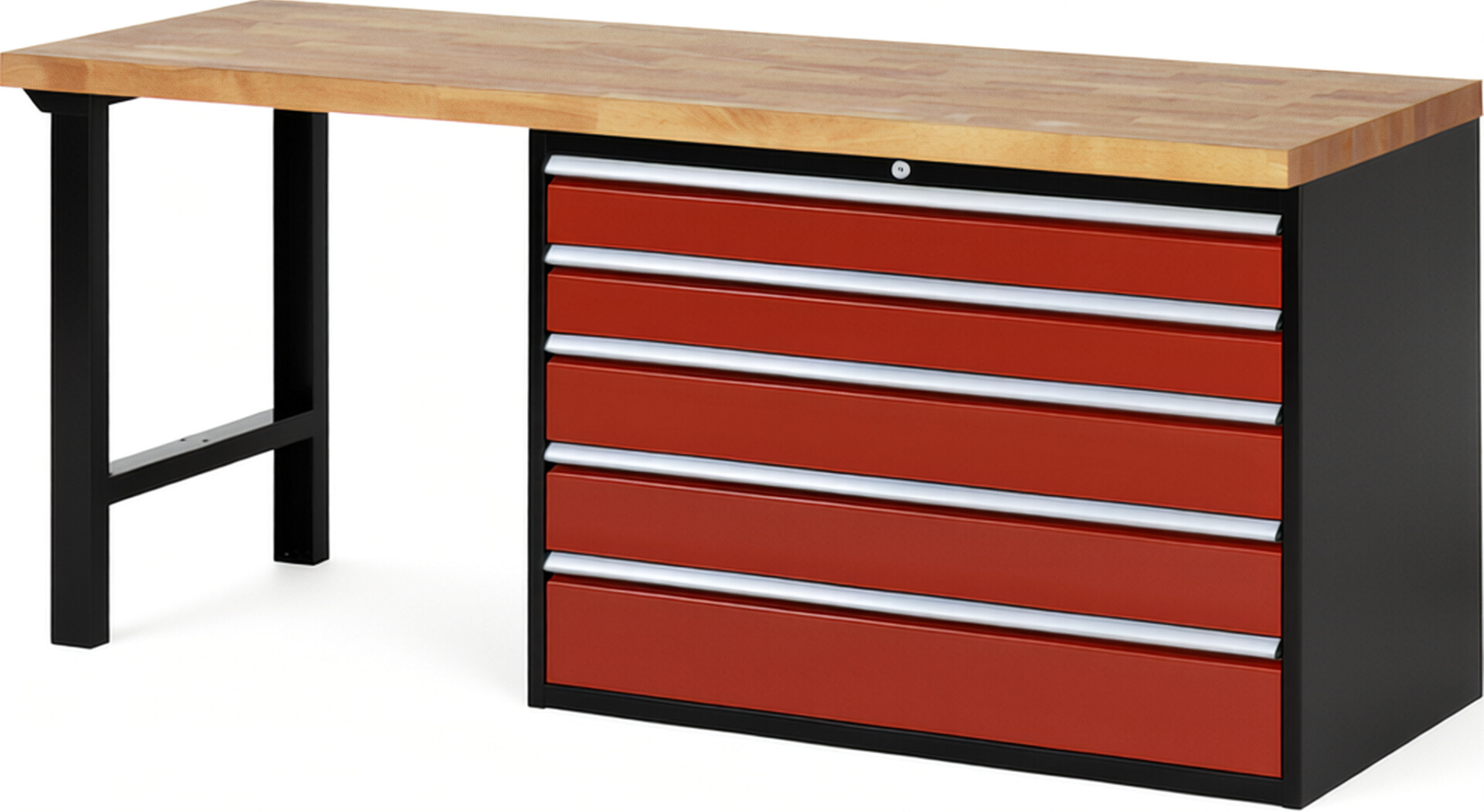 RAU Werkbank schwarz - rot - Breite 200 cm - Tiefe 70 cm - Höhe 89 cm - Buche-Massiv Arbeitsplatte 40 mm